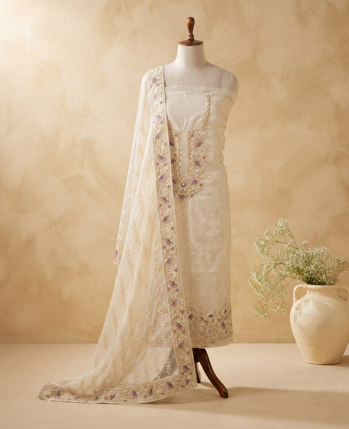 Ivory Pearl Lilac Embroidered 3 PC Suit Fabric
