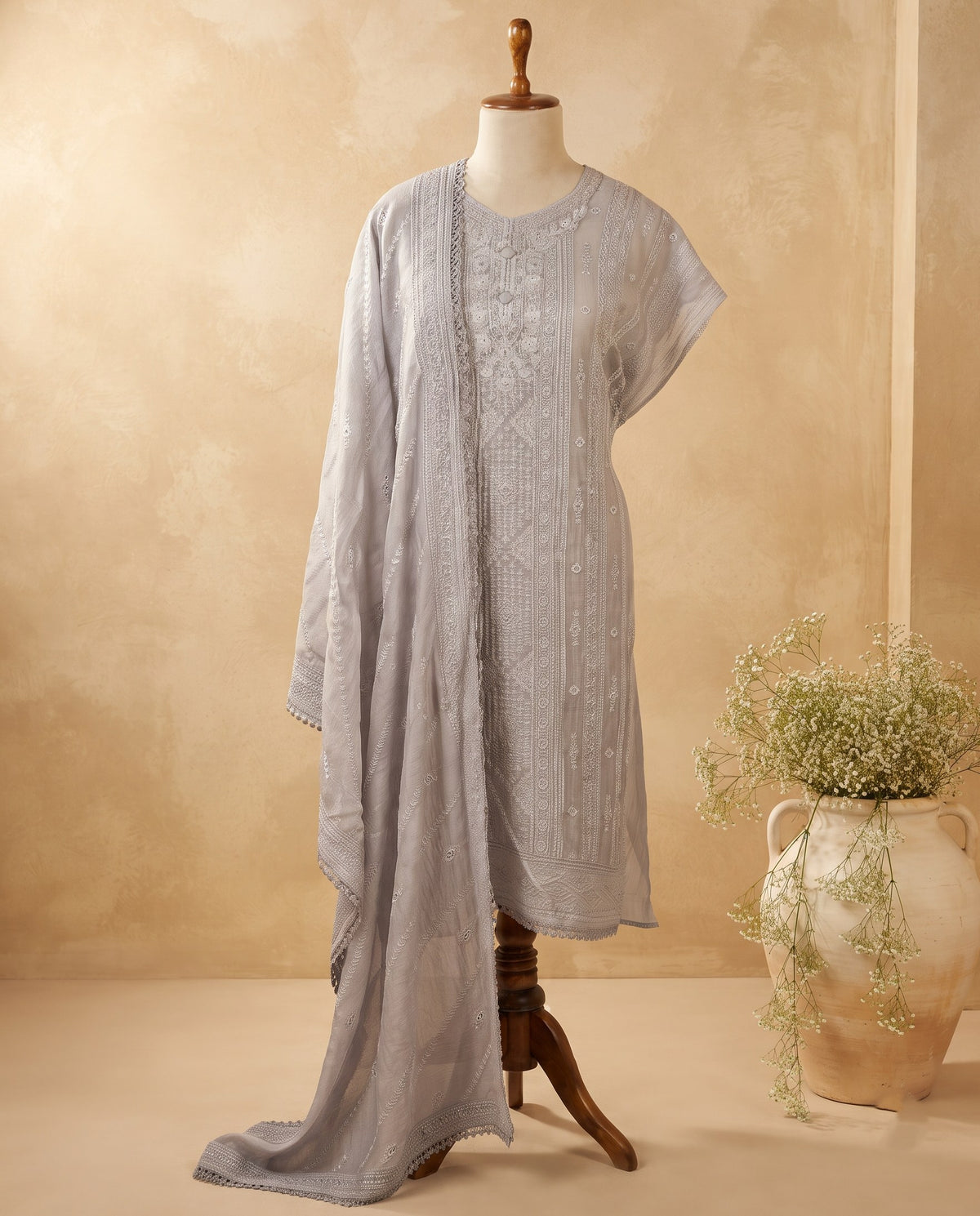 Grey Chikankari Embroidered 3 PC Suit Fabric