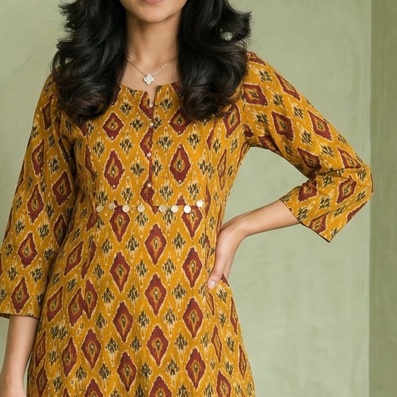 Close-up of the coin trim across the yoke, Sequence & Coin Fusion mustard kurta
