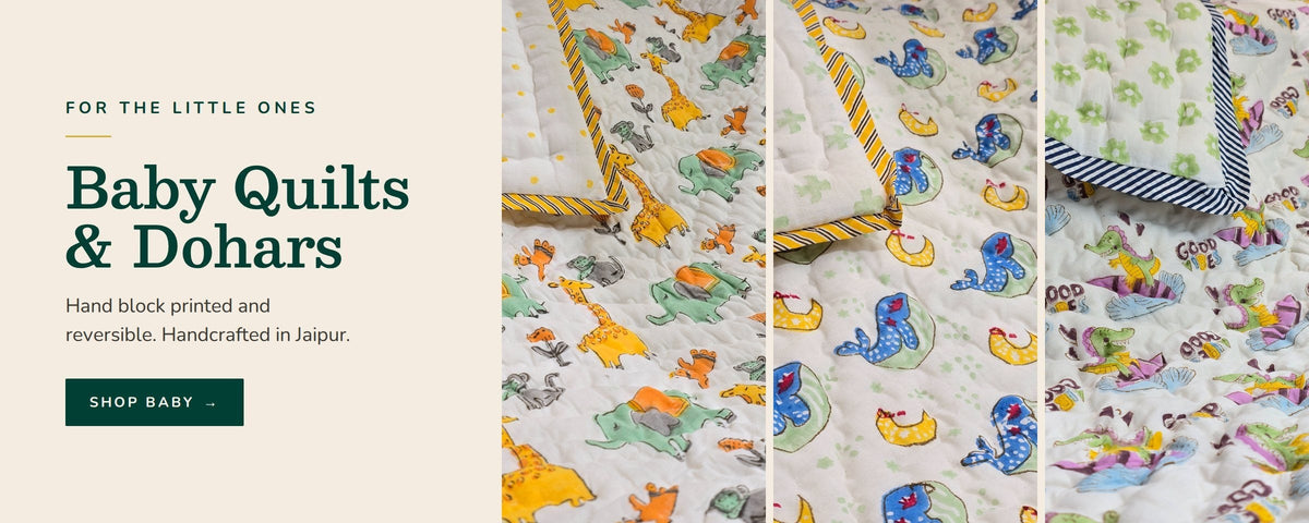Baby quilts and dohars: hand block printed and reversible, handcrafted in Jaipur. Shop baby.
