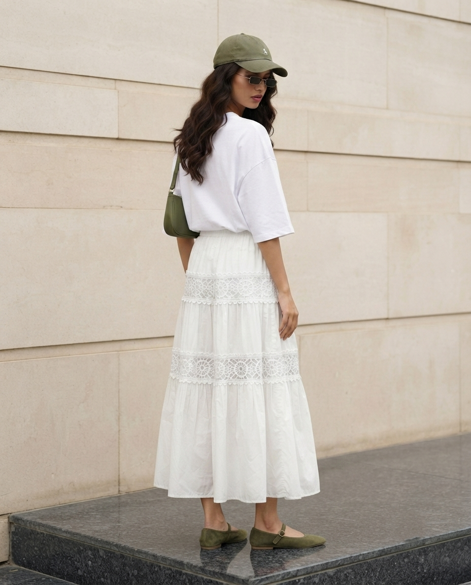 Elara Lace Tiered Skirt – Ivory White