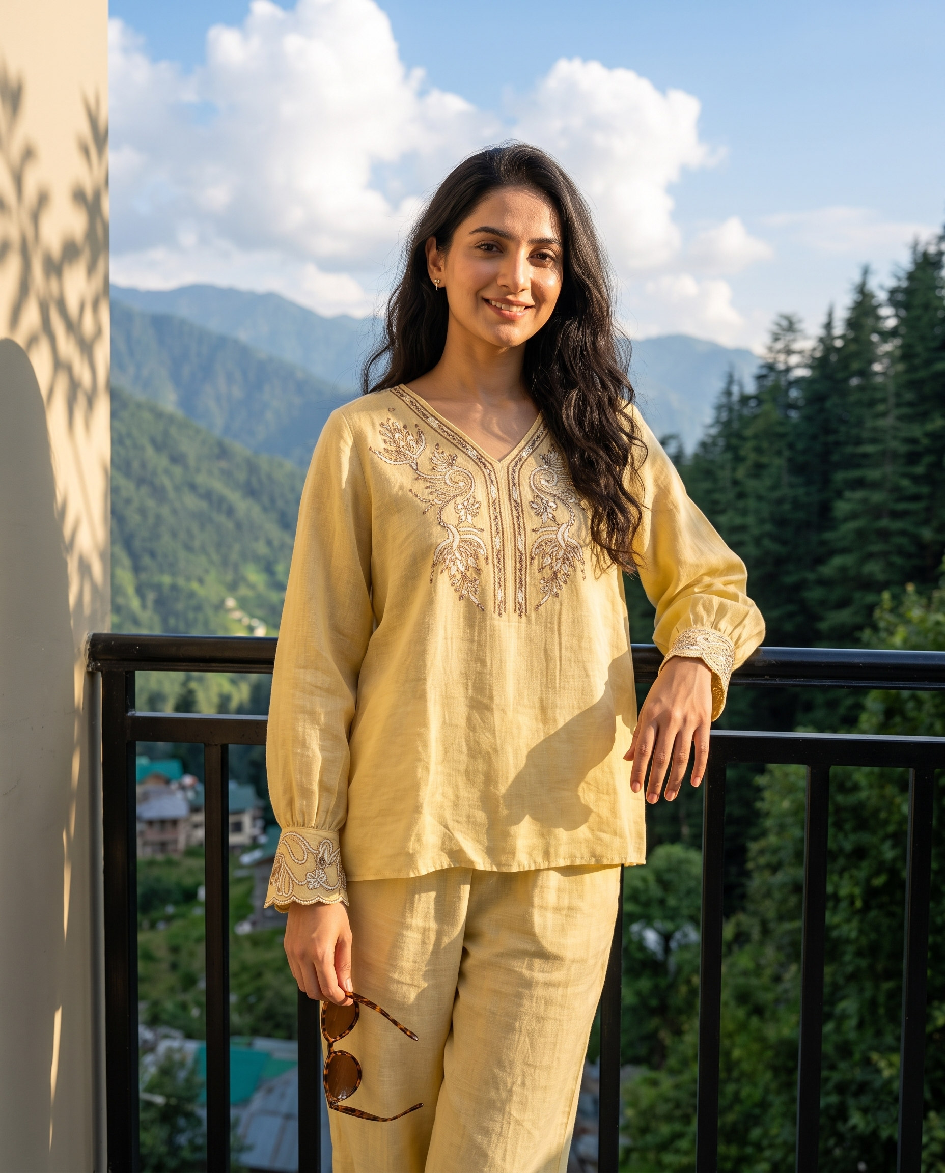 Mustard Bloom Embroidered European Linen Top - Mustard Yellow