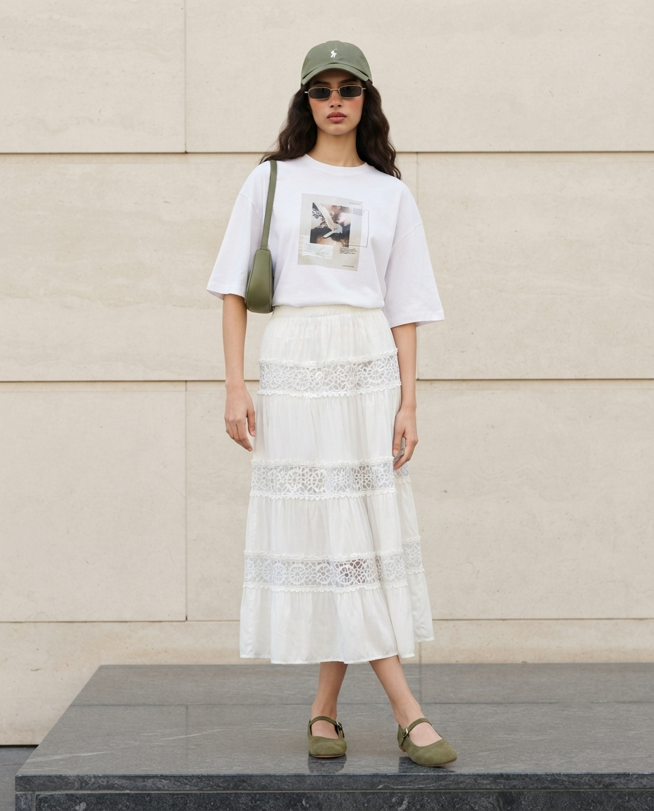 Elara Lace Tiered Skirt – Ivory White