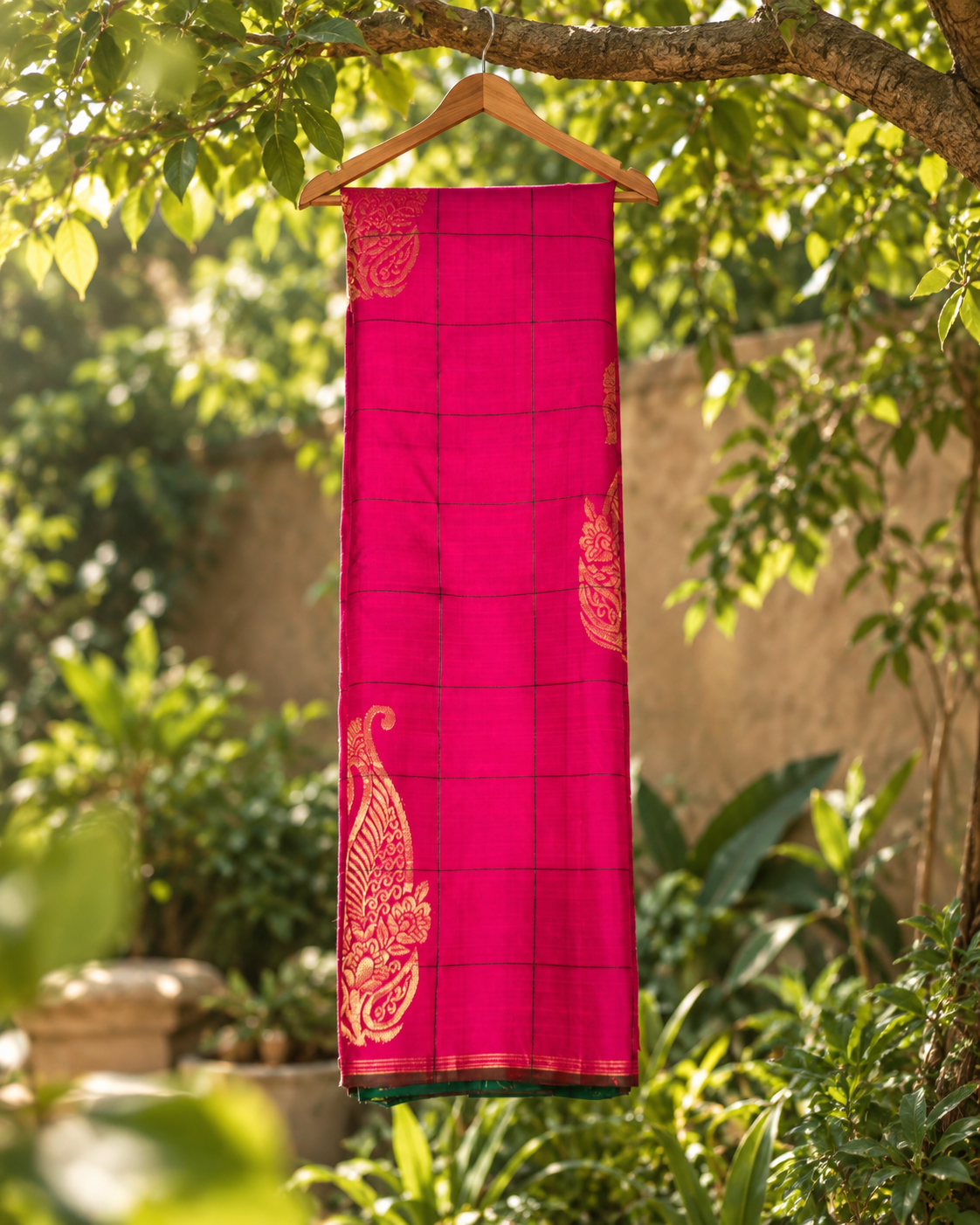Rani Pink Green Paisley Checks Kanjivaram Saree
