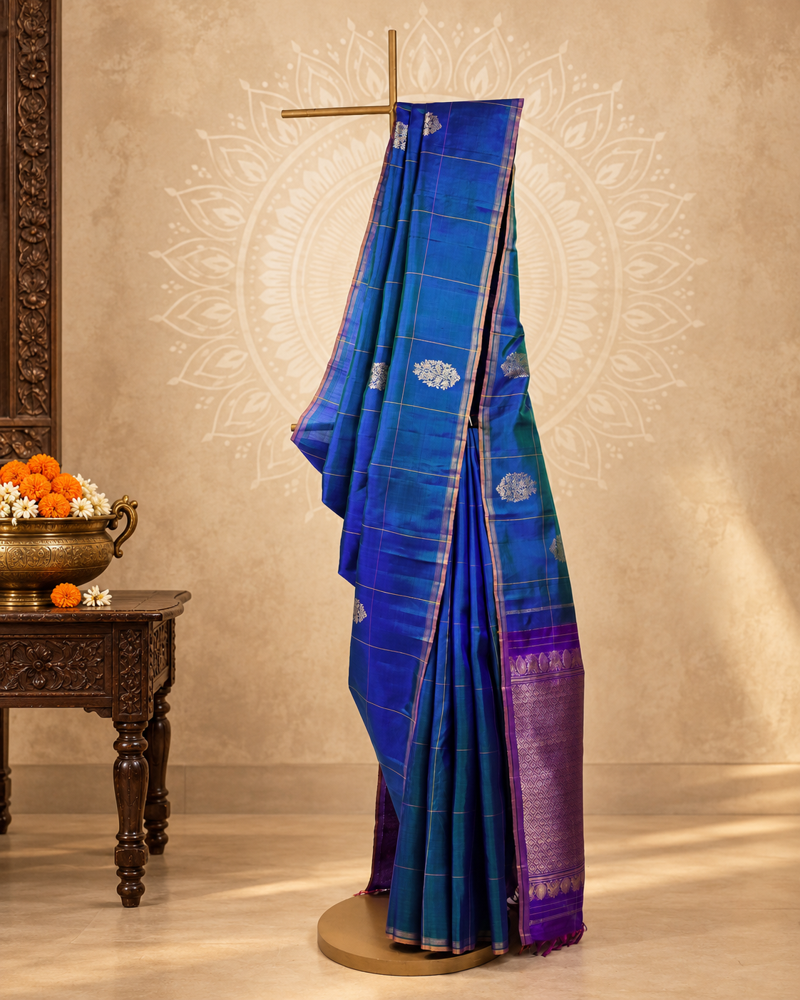 Peacock Blue Purple Silver Zari Kanjivaram Saree