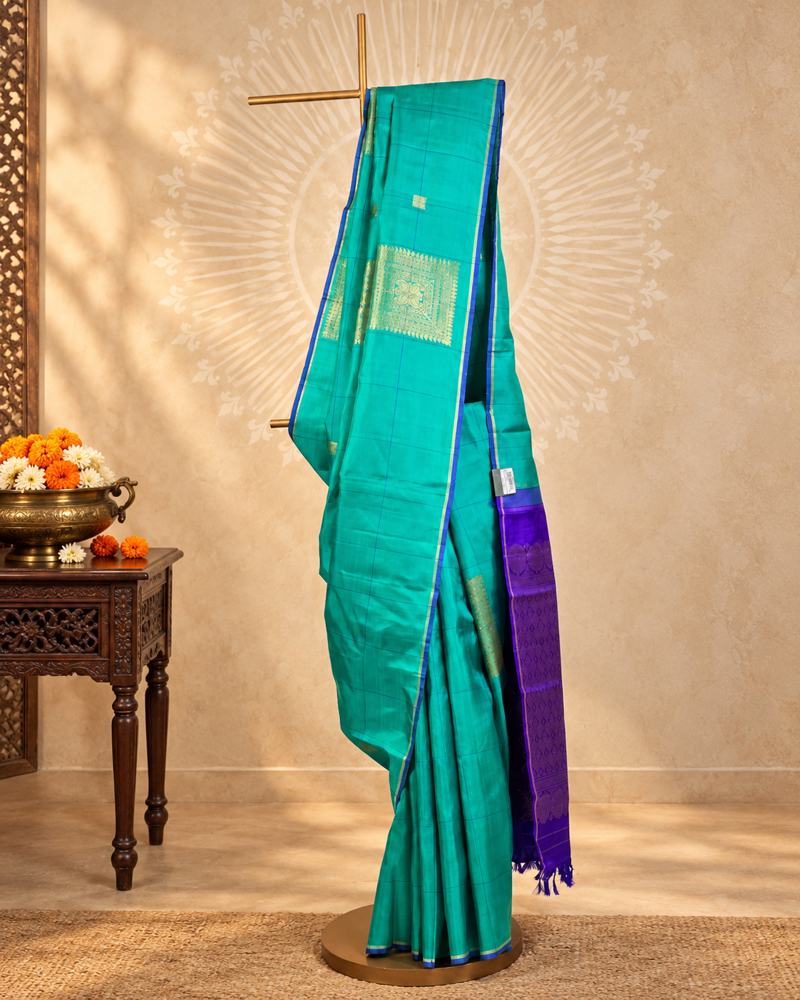 Teal Royal Blue Brocade Checks Kanjivaram Saree