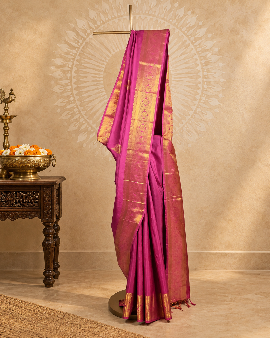 Rose Pink Gold Border Kanjivaram Saree