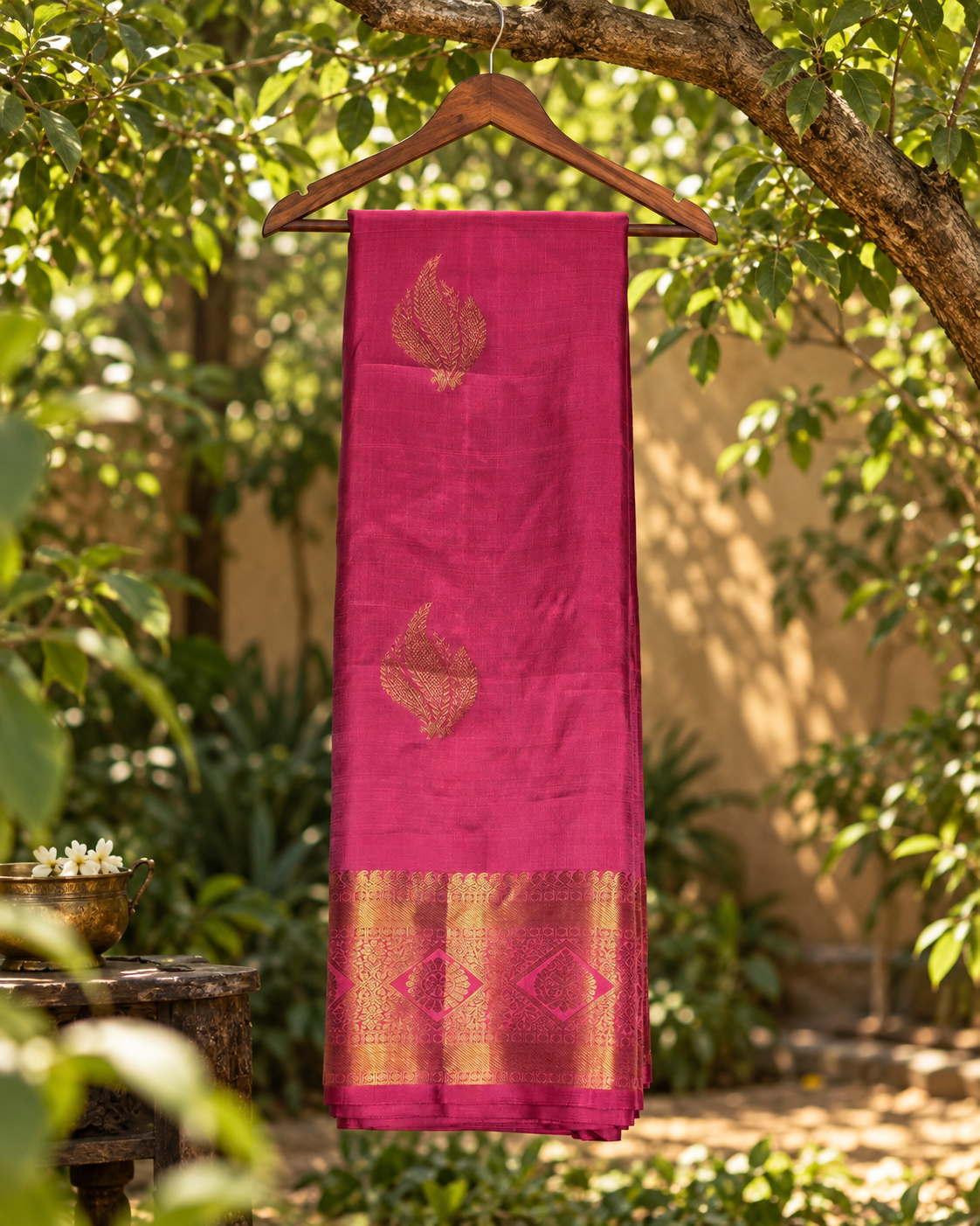 Rose Pink Gold Border Kanjivaram Saree