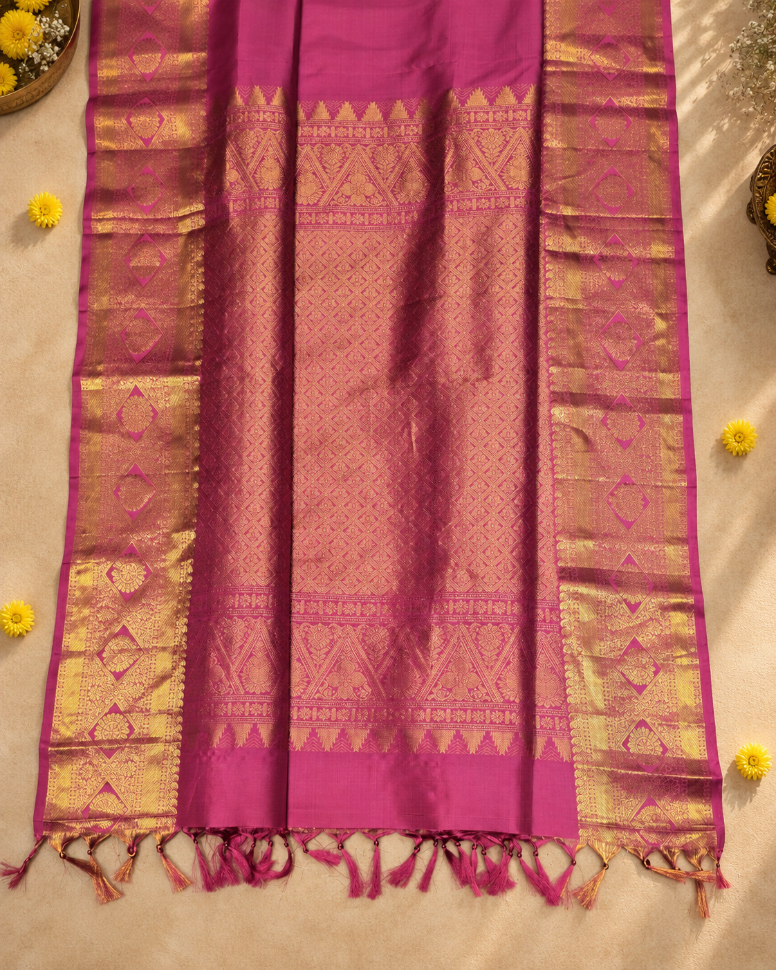 Rose Pink Gold Border Kanjivaram Saree