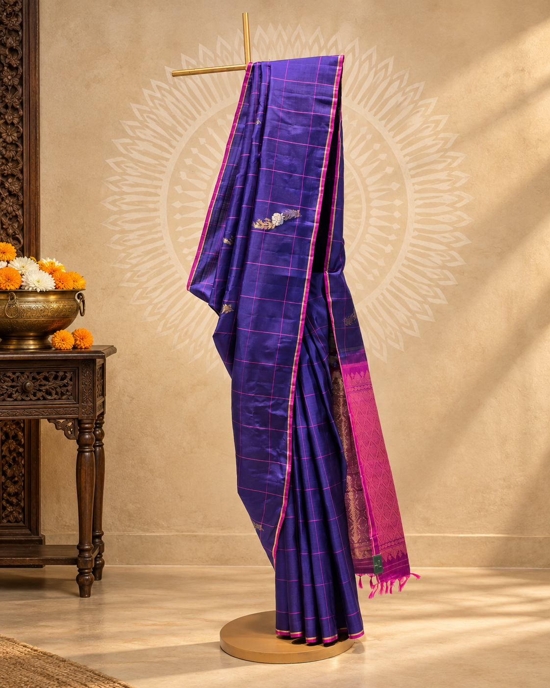 Royal Blue Floral Spray Checks Kanjivaram Saree