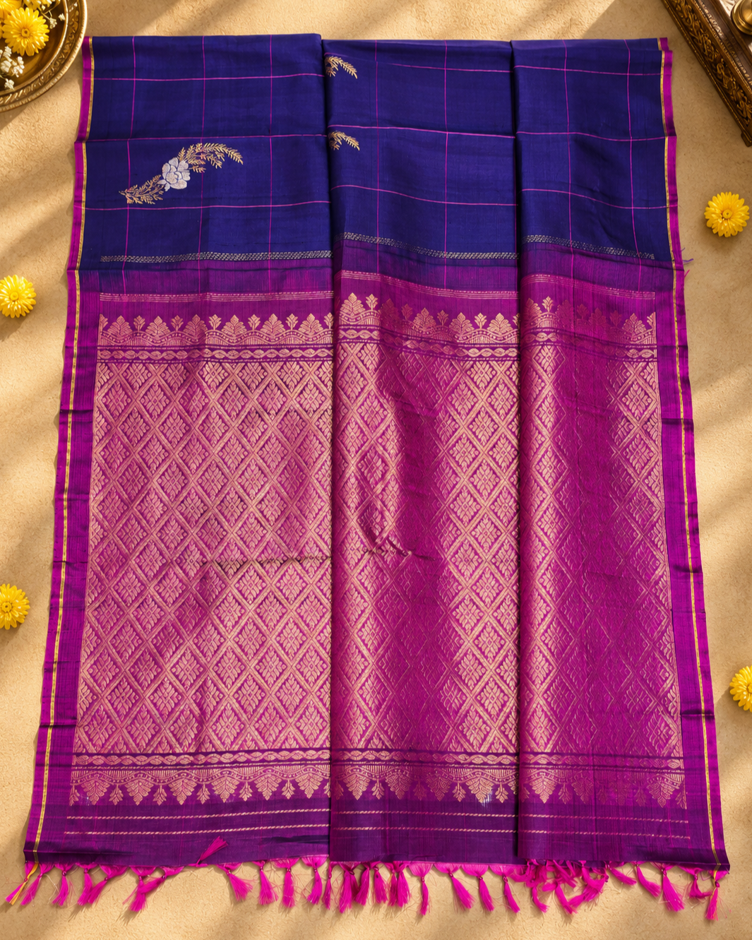 Royal Blue Floral Spray Checks Kanjivaram Saree