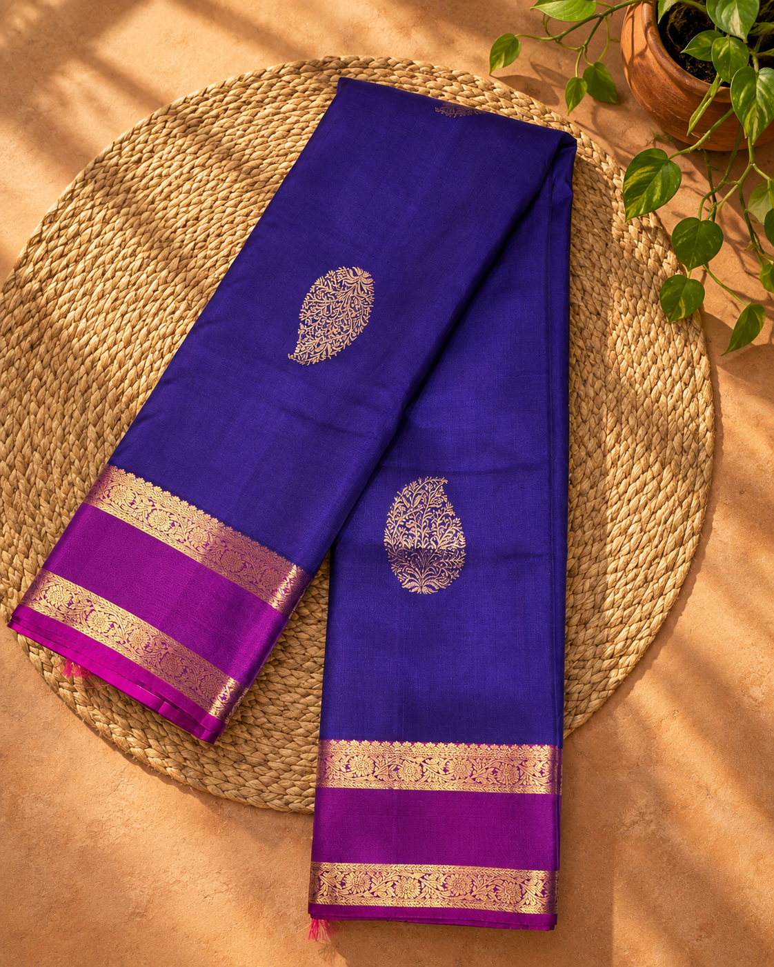 Royal Blue Magenta Paisley Zari Kanjivaram Saree
