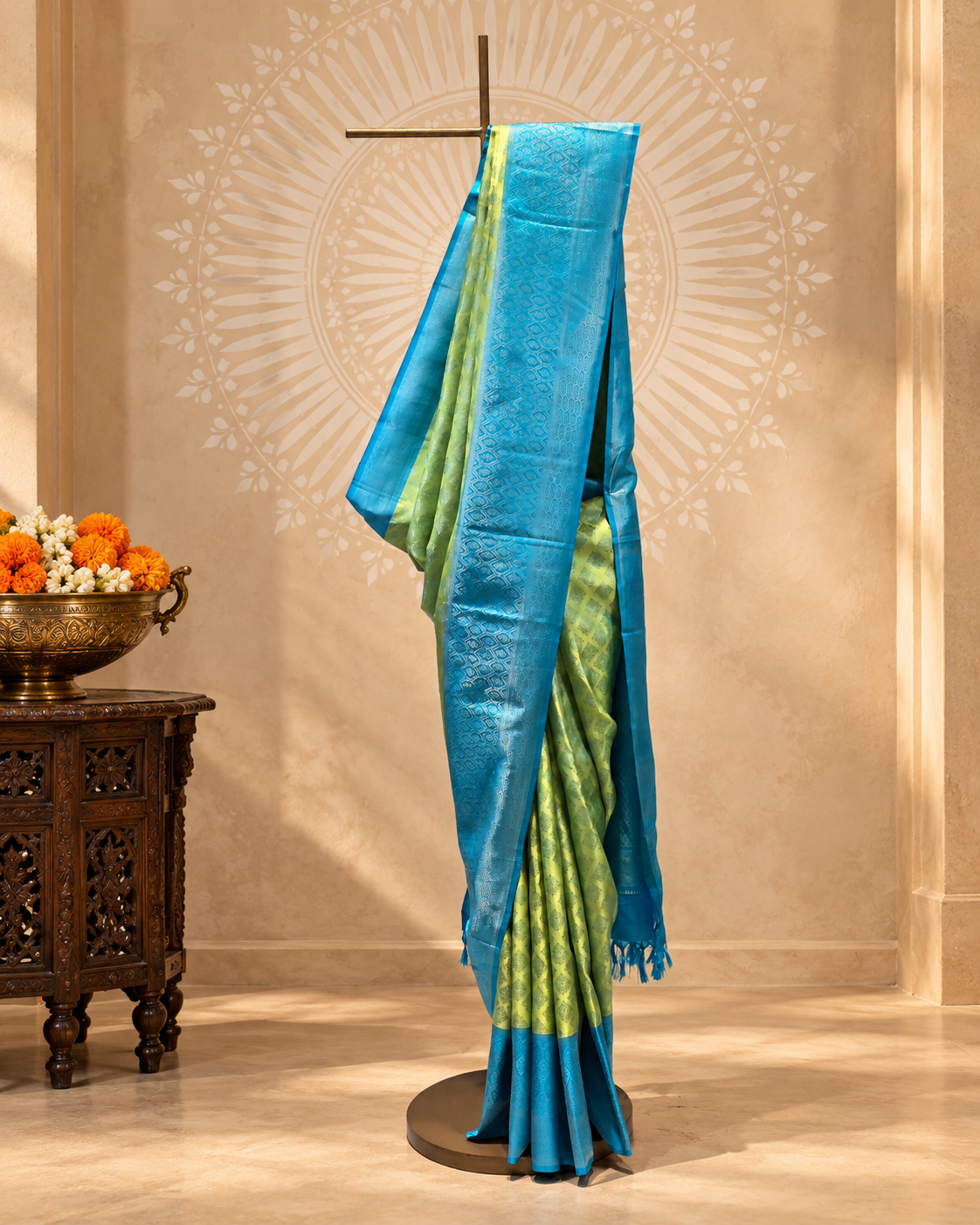 Parrot Green Firoza Blue Kanjivaram Saree