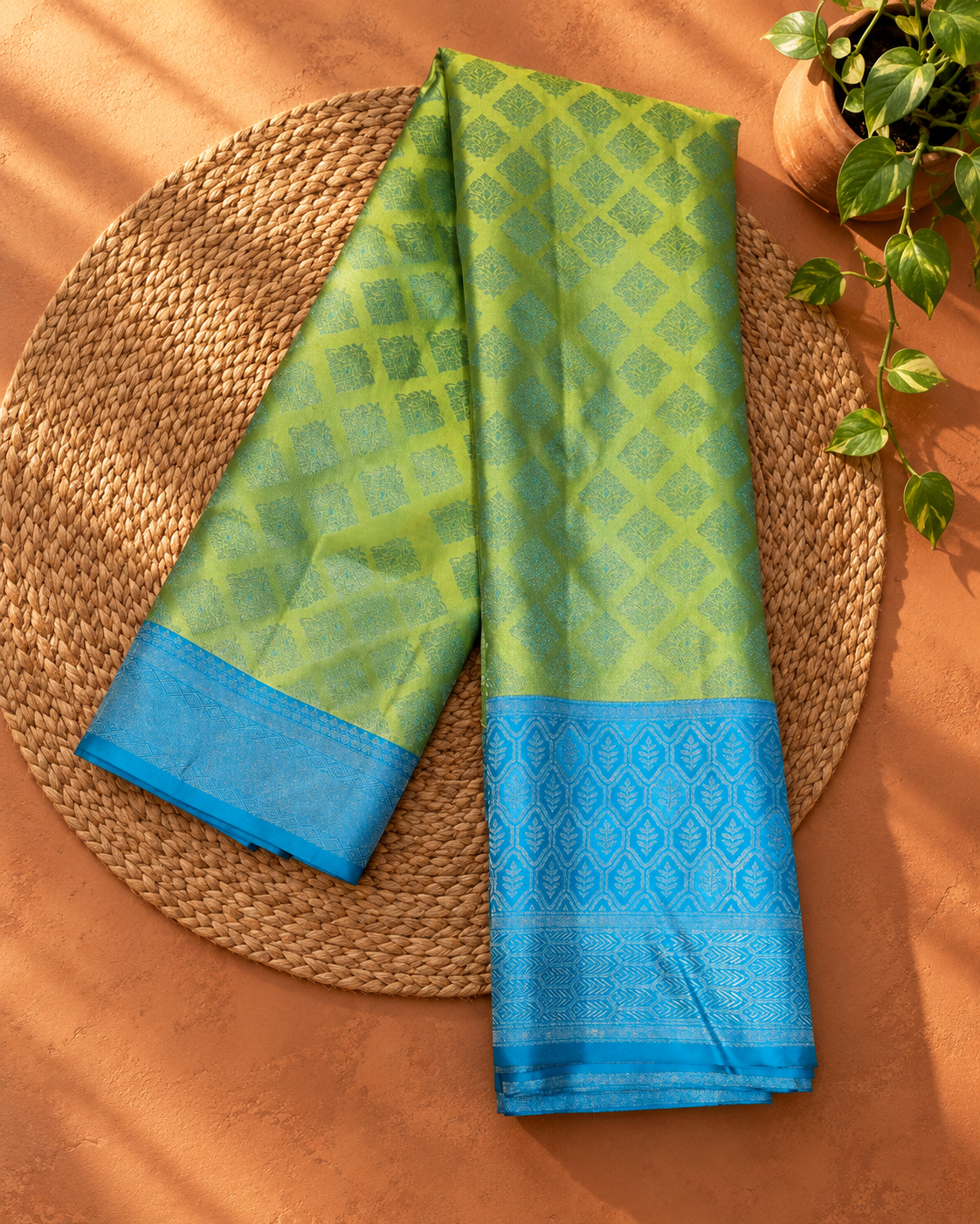 Parrot Green Firoza Blue Kanjivaram Saree