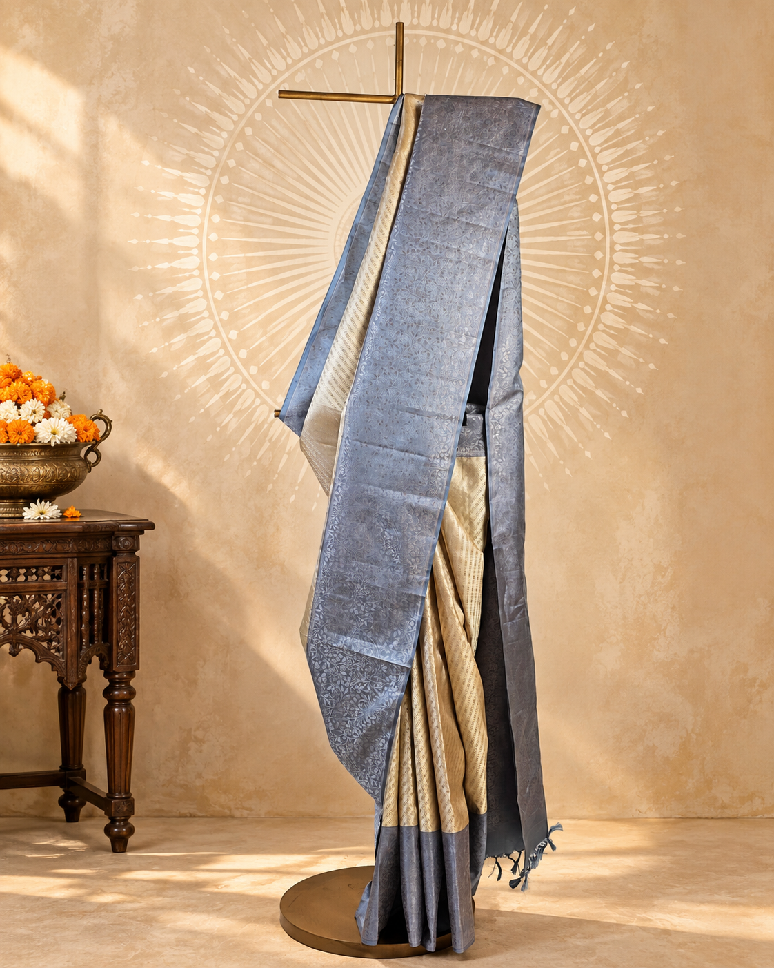 Steel Grey Diagonal Stripe Kanjivaram Saree