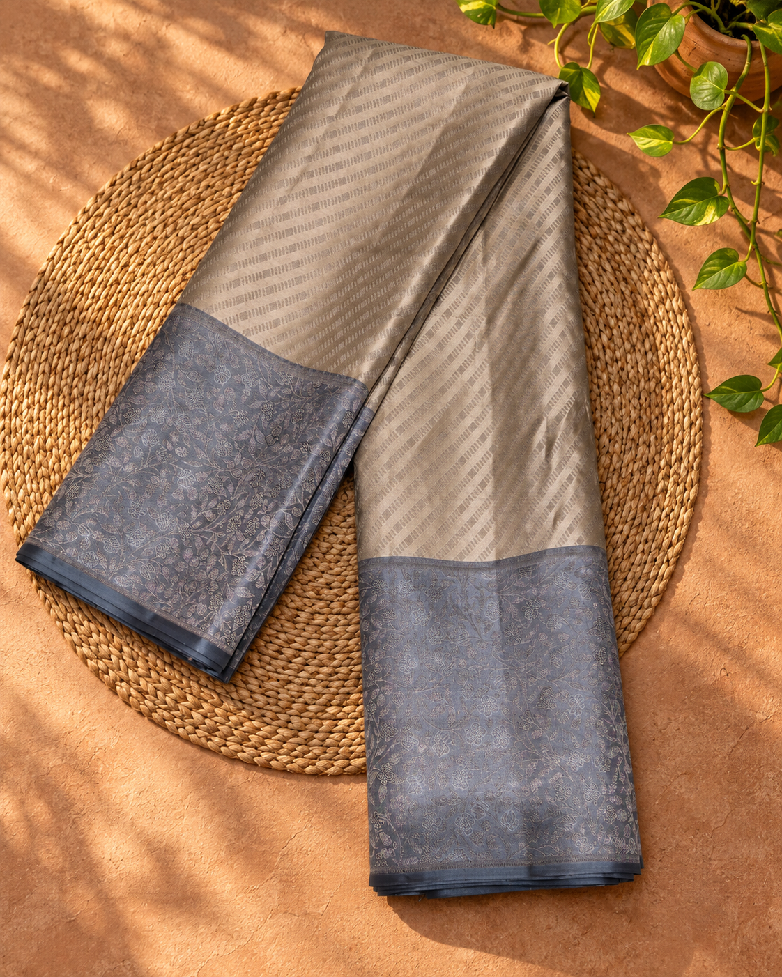 Steel Grey Diagonal Stripe Kanjivaram Saree