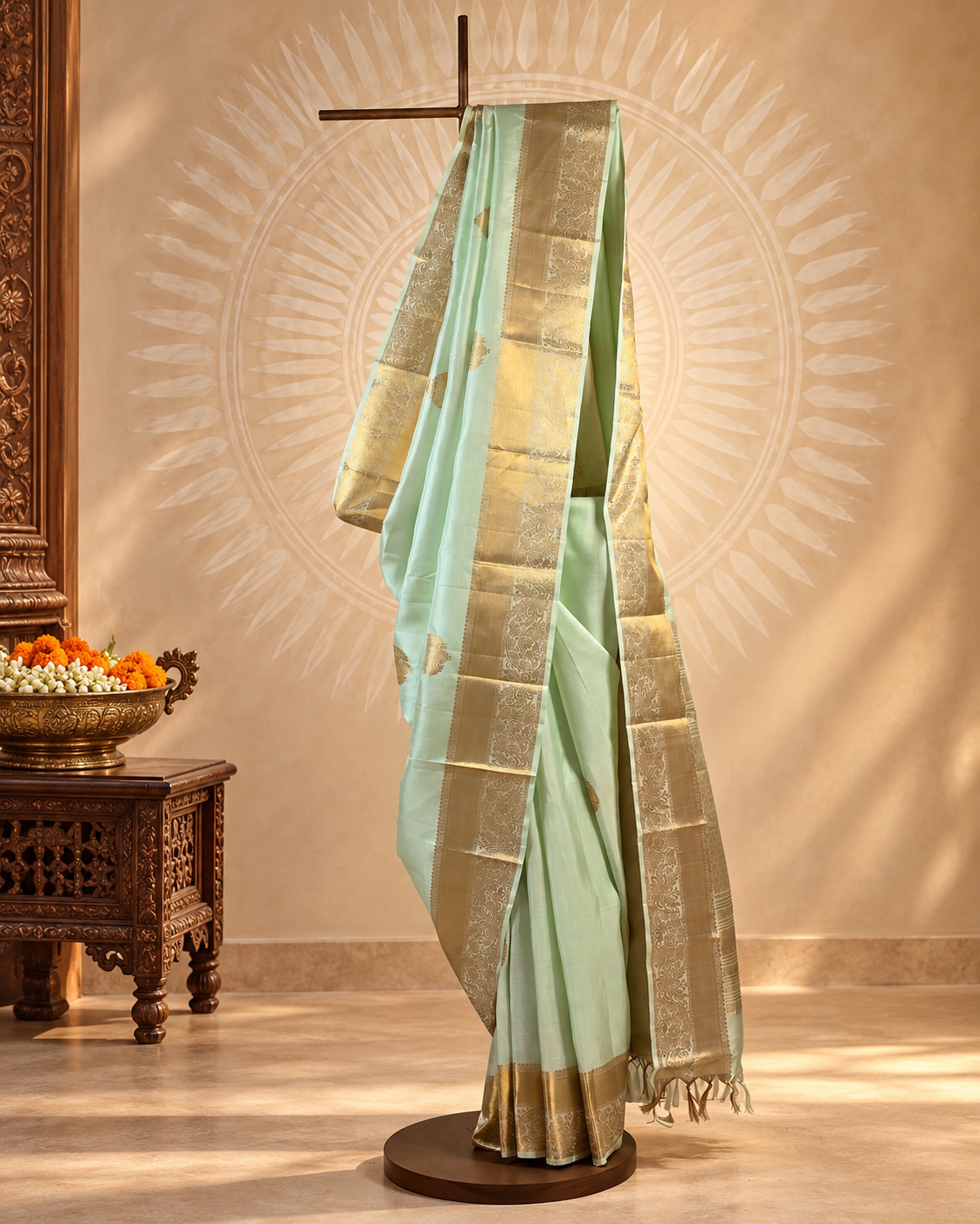 Mint Ivory Floral Zari Kanjivaram Saree