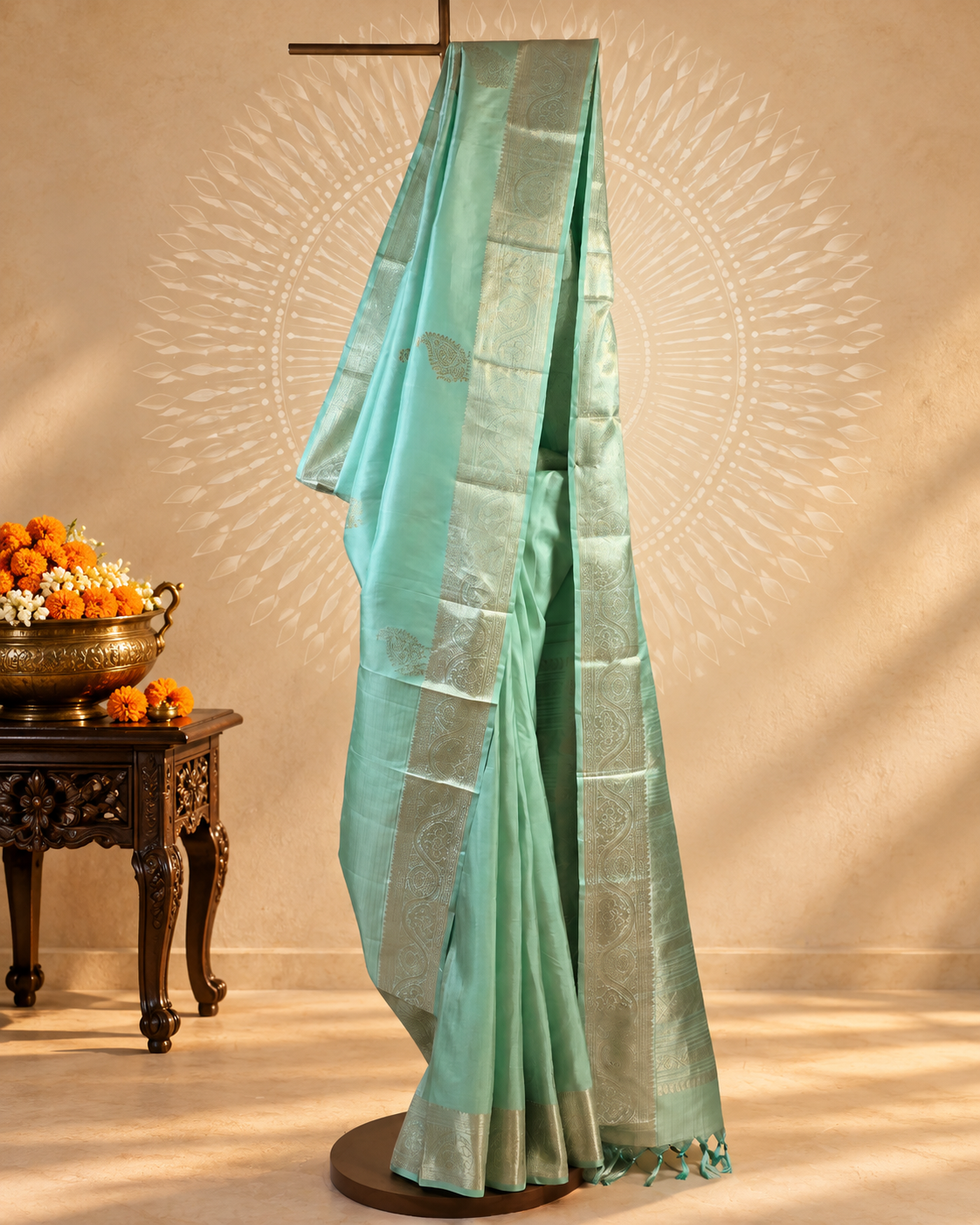 Mint Green Paisley Zari Kanjivaram Saree