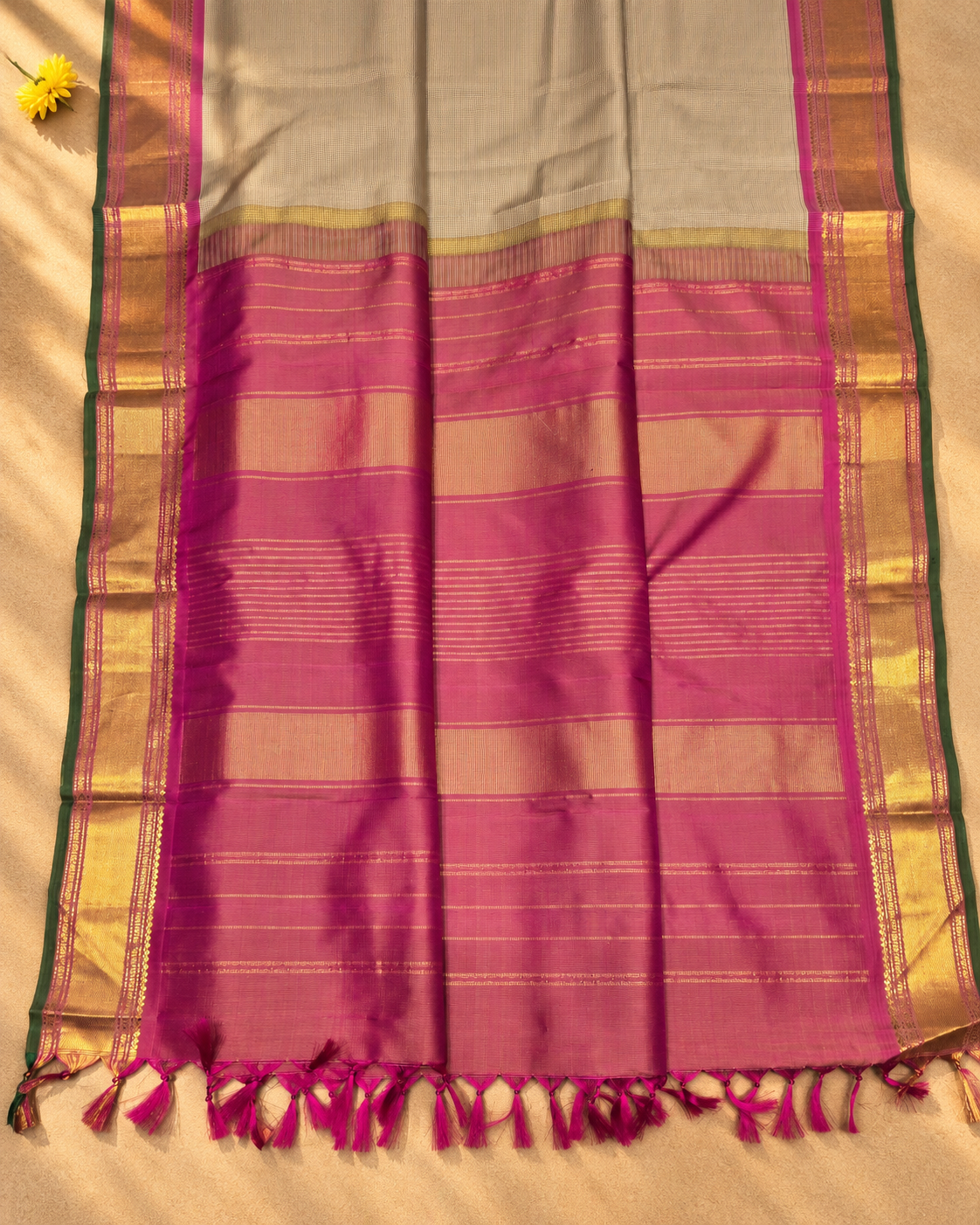 Silver Grey Magenta Gold Zari Kanjivaram Saree