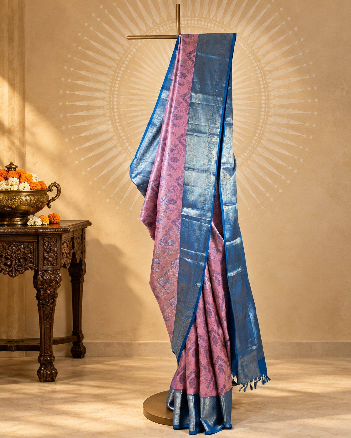 Royal Blue Pink Zari Kanjivaram Saree