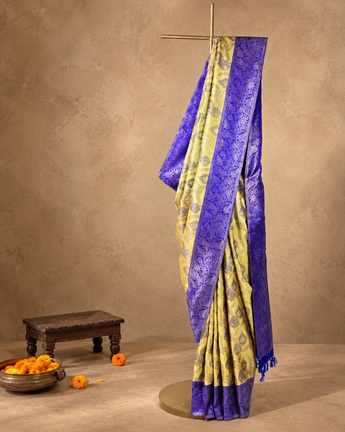 Lemon Yellow Royal Blue Paisley Kanjivaram Saree