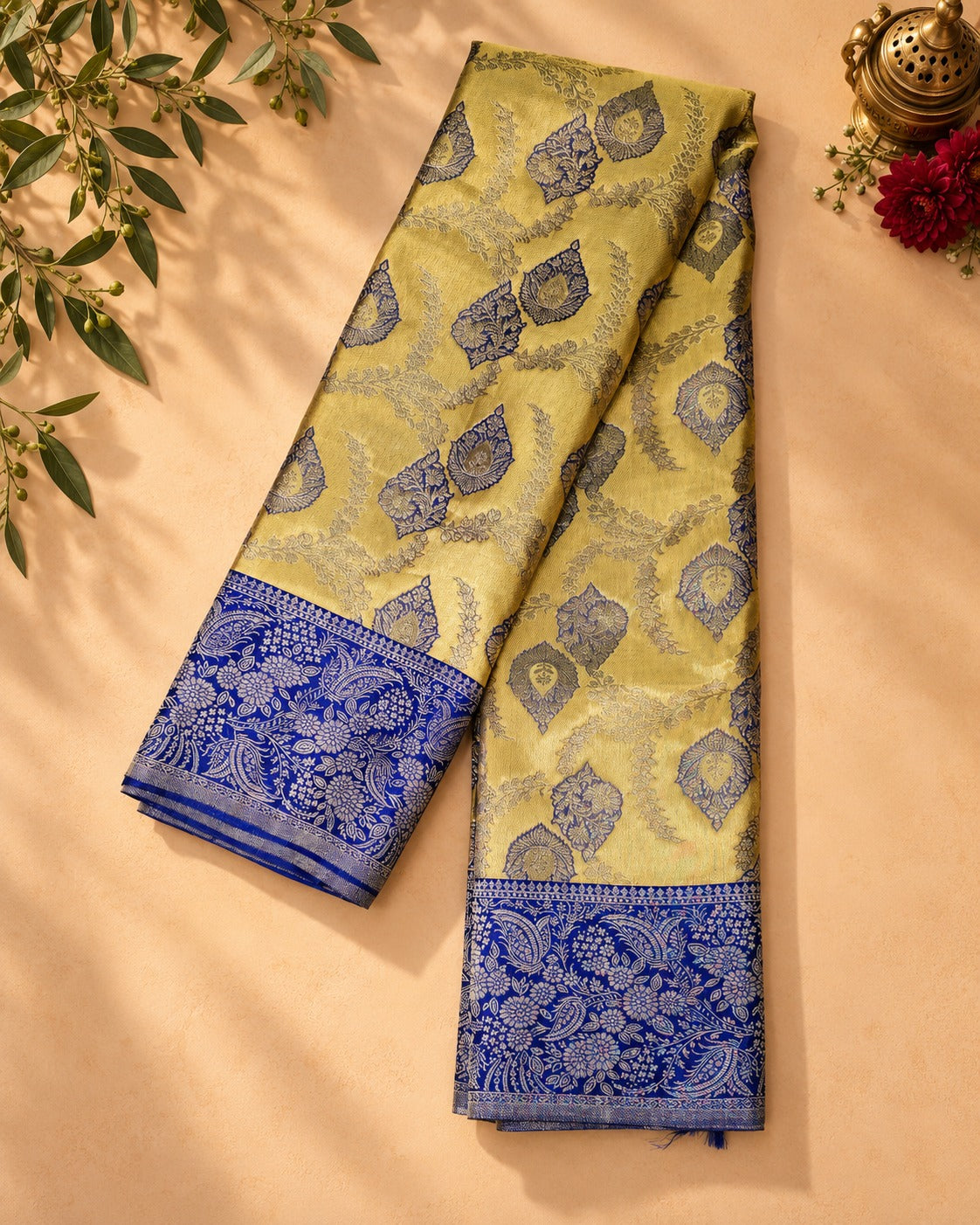 Lemon Yellow Royal Blue Paisley Kanjivaram Saree