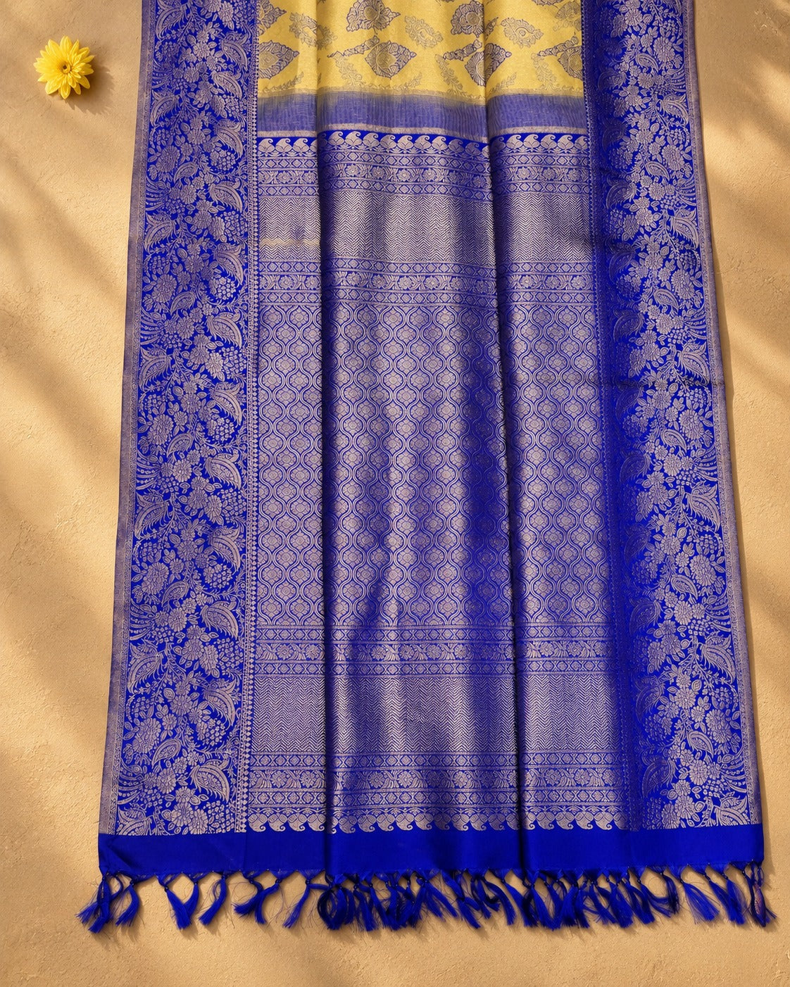 Lemon Yellow Royal Blue Paisley Kanjivaram Saree