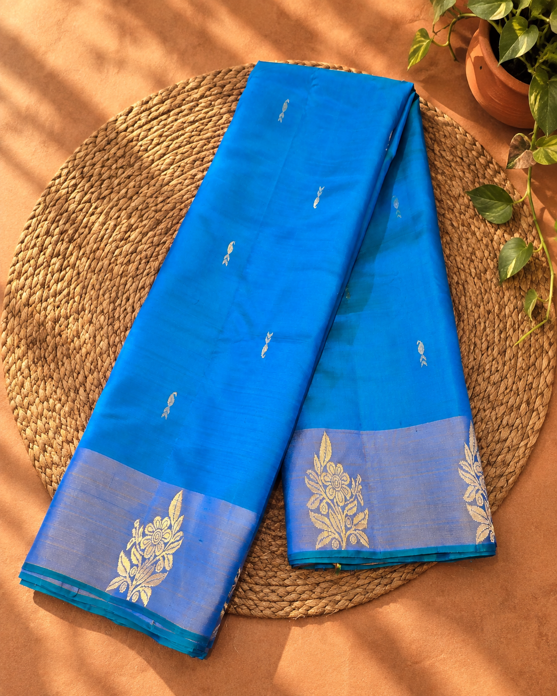 Azure Blue Floral Zari Kanjivaram Saree