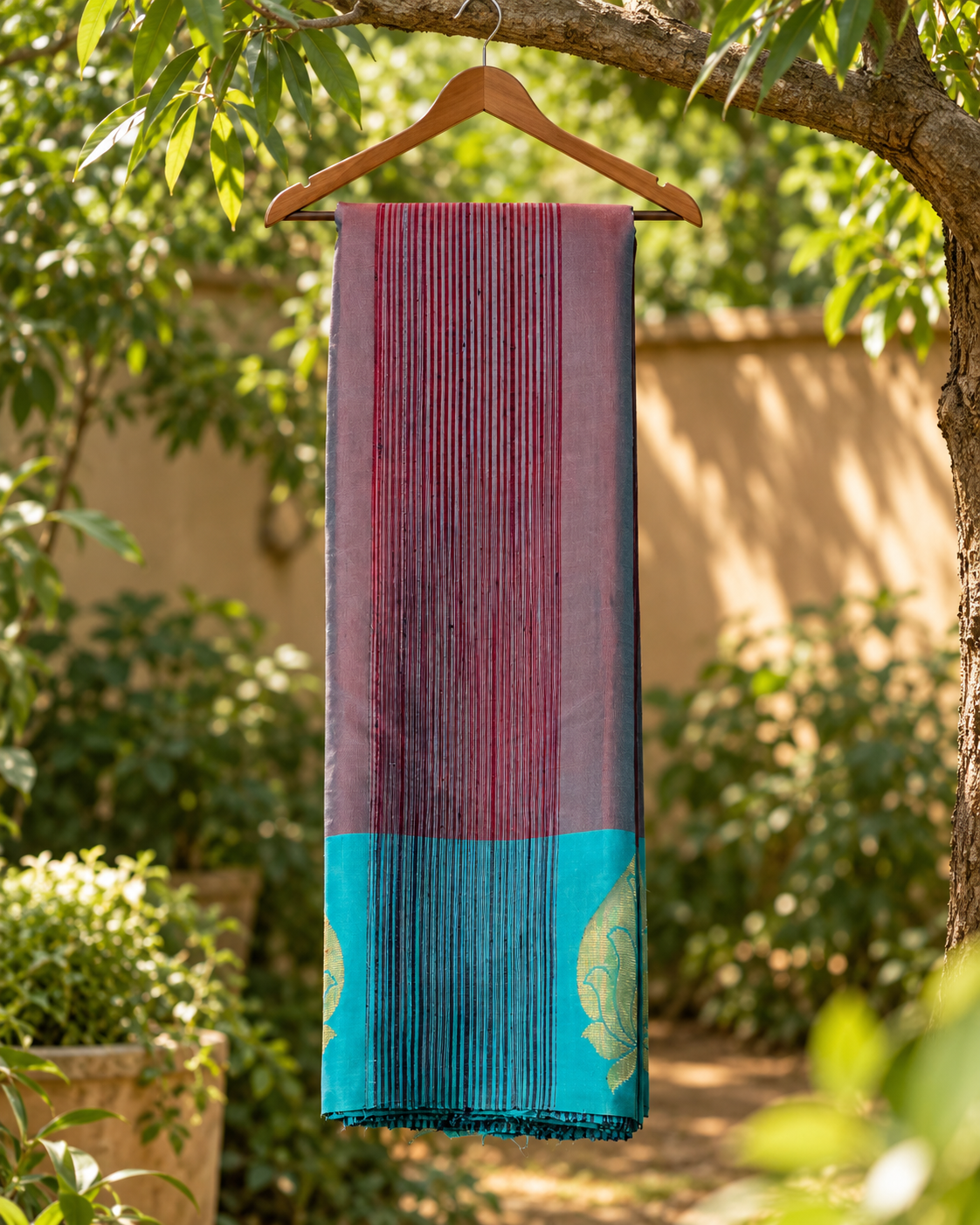 Plum Turquoise Pinstripe Kanjivaram Saree