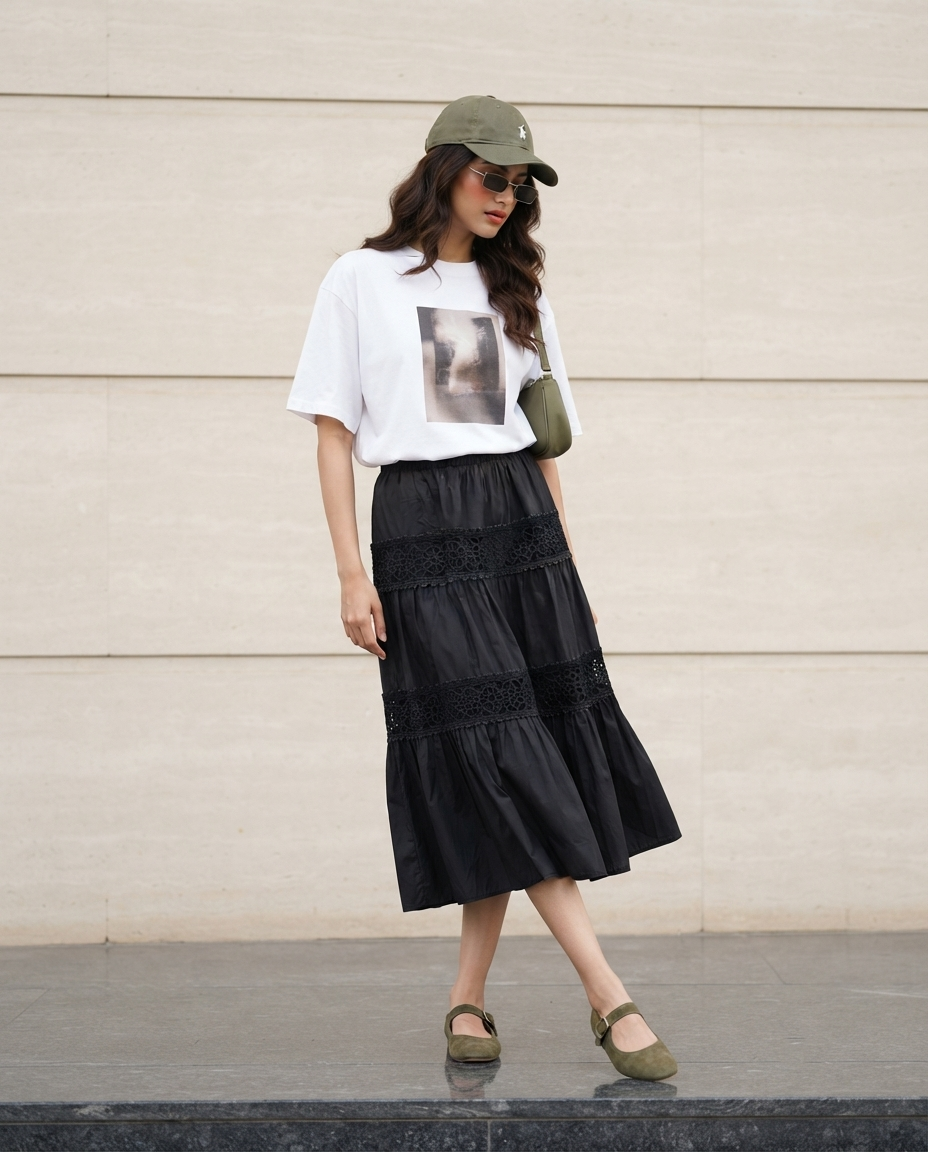 Elara Lace Tiered Skirt – Classic Black