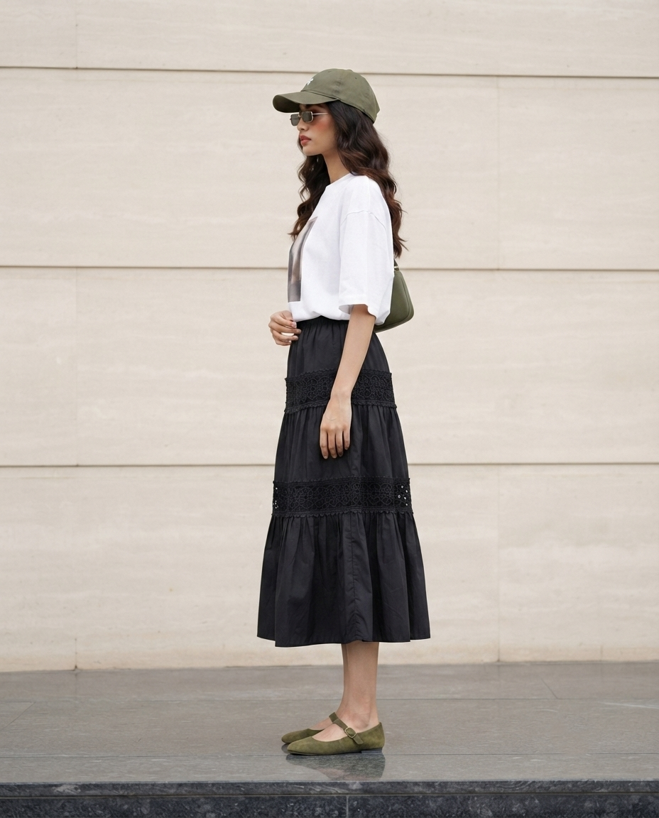 Elara Lace Tiered Skirt – Classic Black