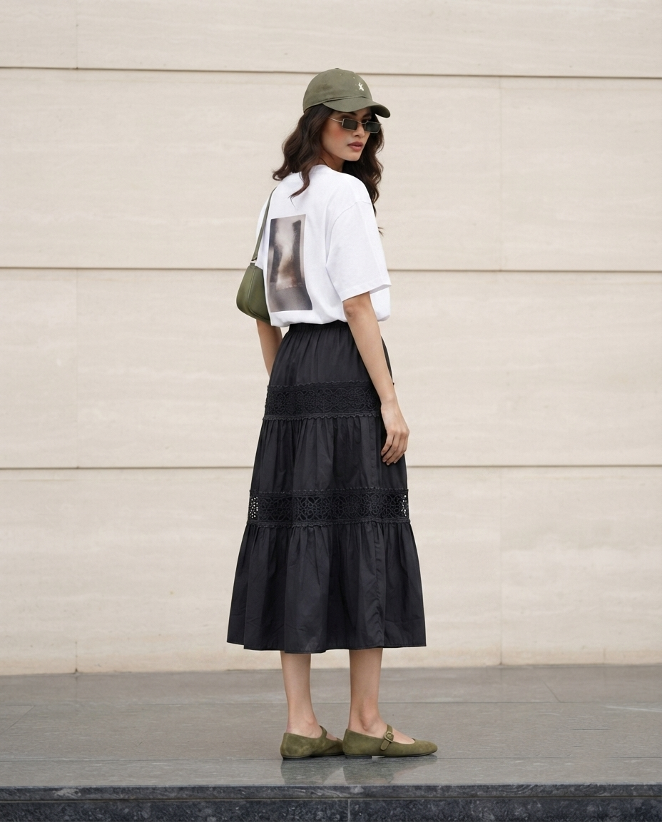 Elara Lace Tiered Skirt – Classic Black