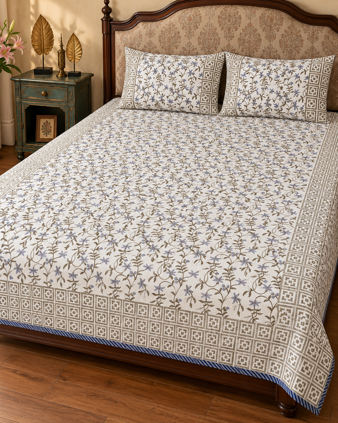INDIGO MEADOW HAND BLOCK JUTE BEDCOVER