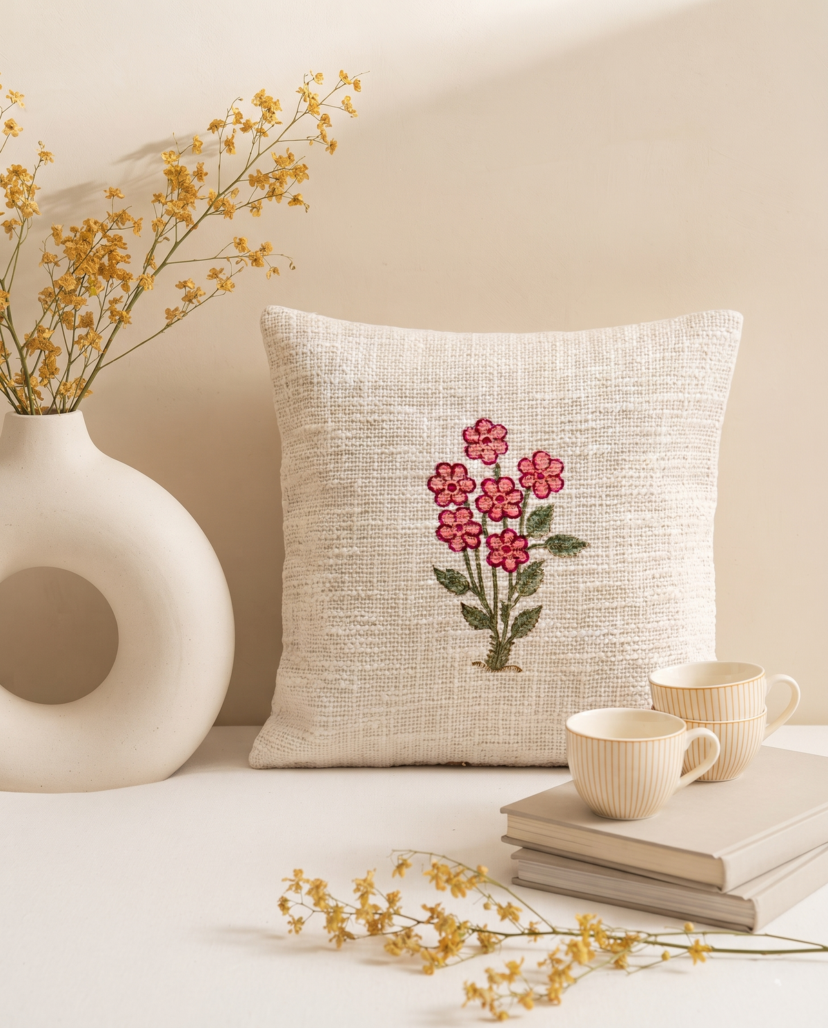 Gulbahar Pink Blossom Hand Block Jute Cushion Cover