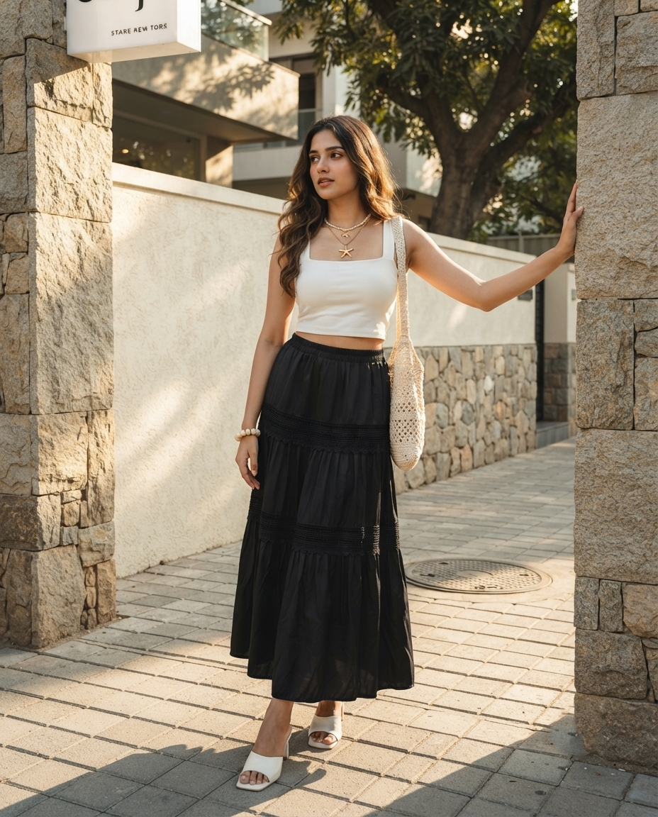 Elara Tiered Lace Skirt – Classic Black