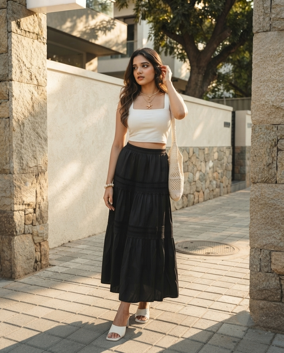Elara Tiered Lace Skirt – Classic Black