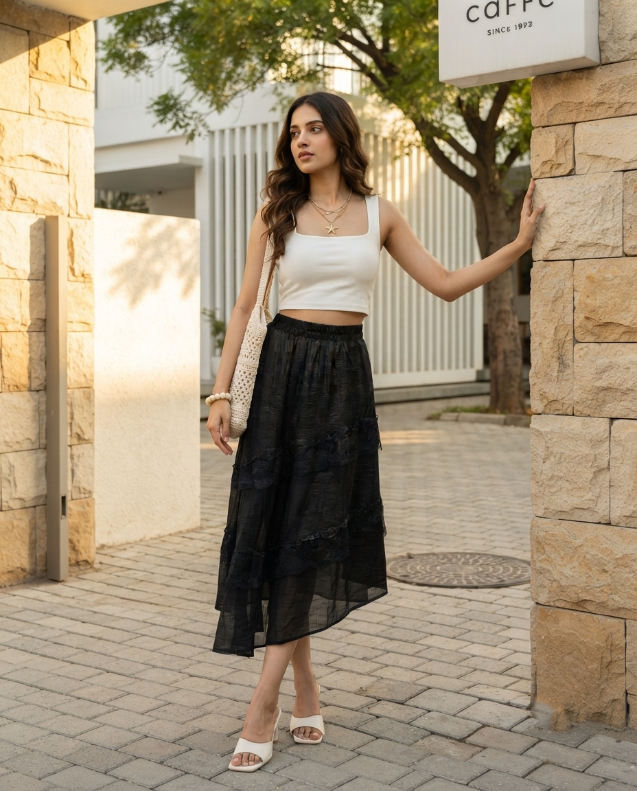 Roselle Lace Panel Skirt – Black
