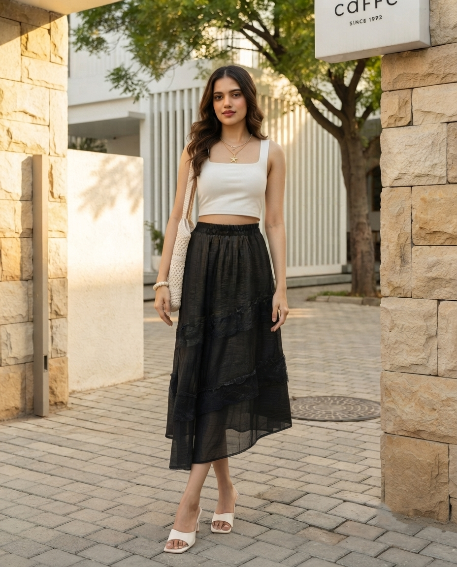 Roselle Lace Panel Skirt – Black