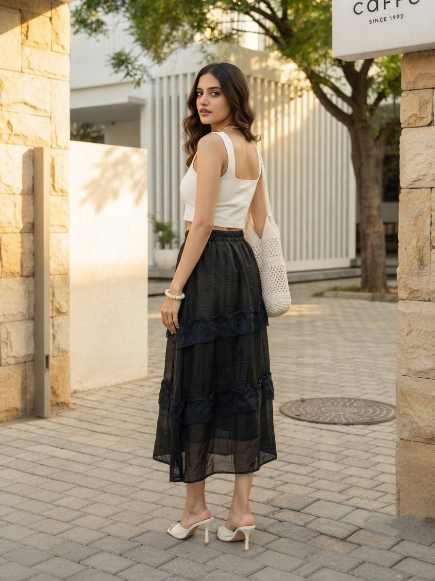 Roselle Lace Panel Skirt – Black