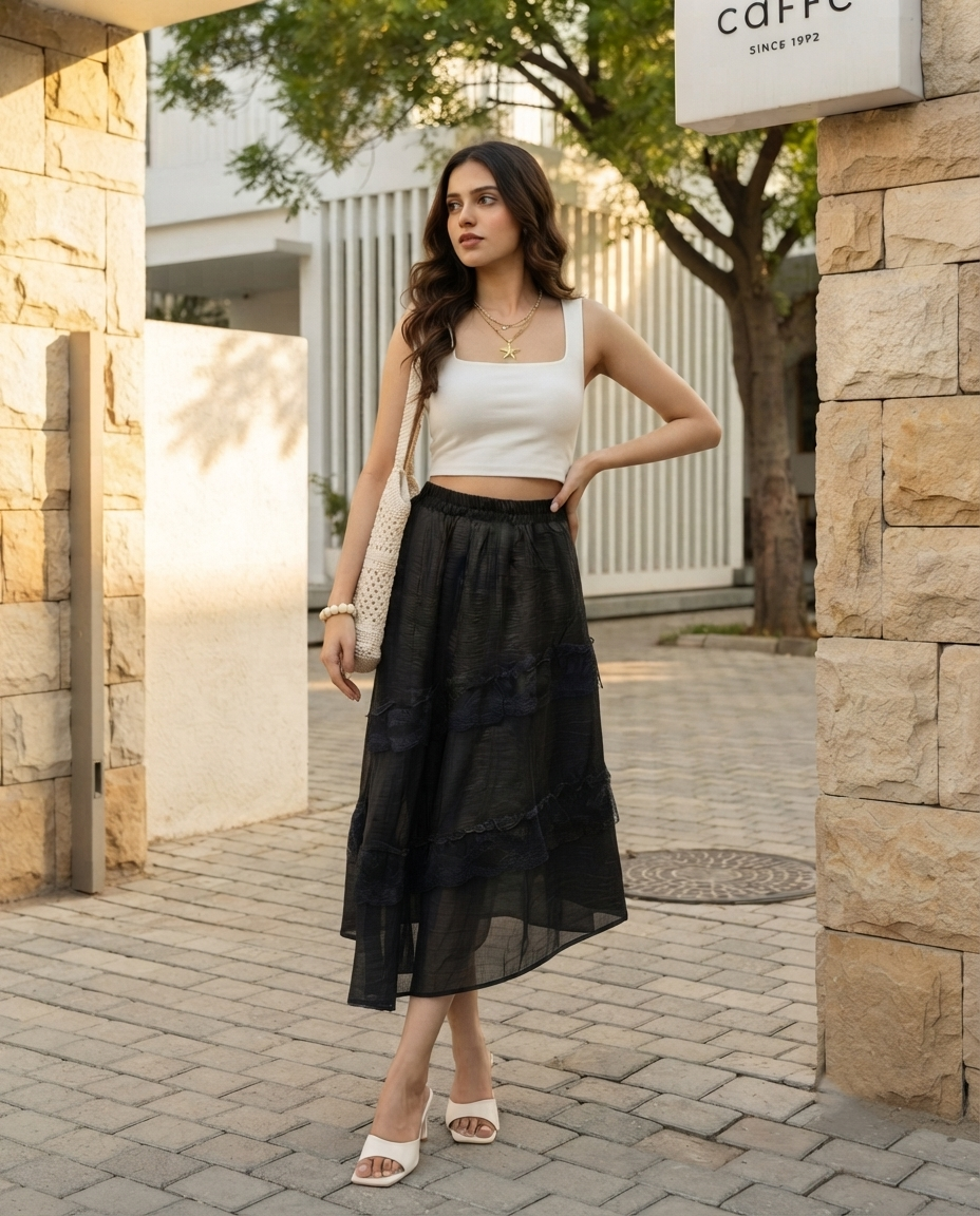 Roselle Lace Panel Skirt – Black