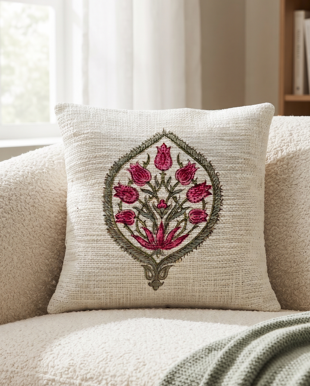 GULZAR ROYAL PINK HAND BLOCK JUTE CUSHION COVER