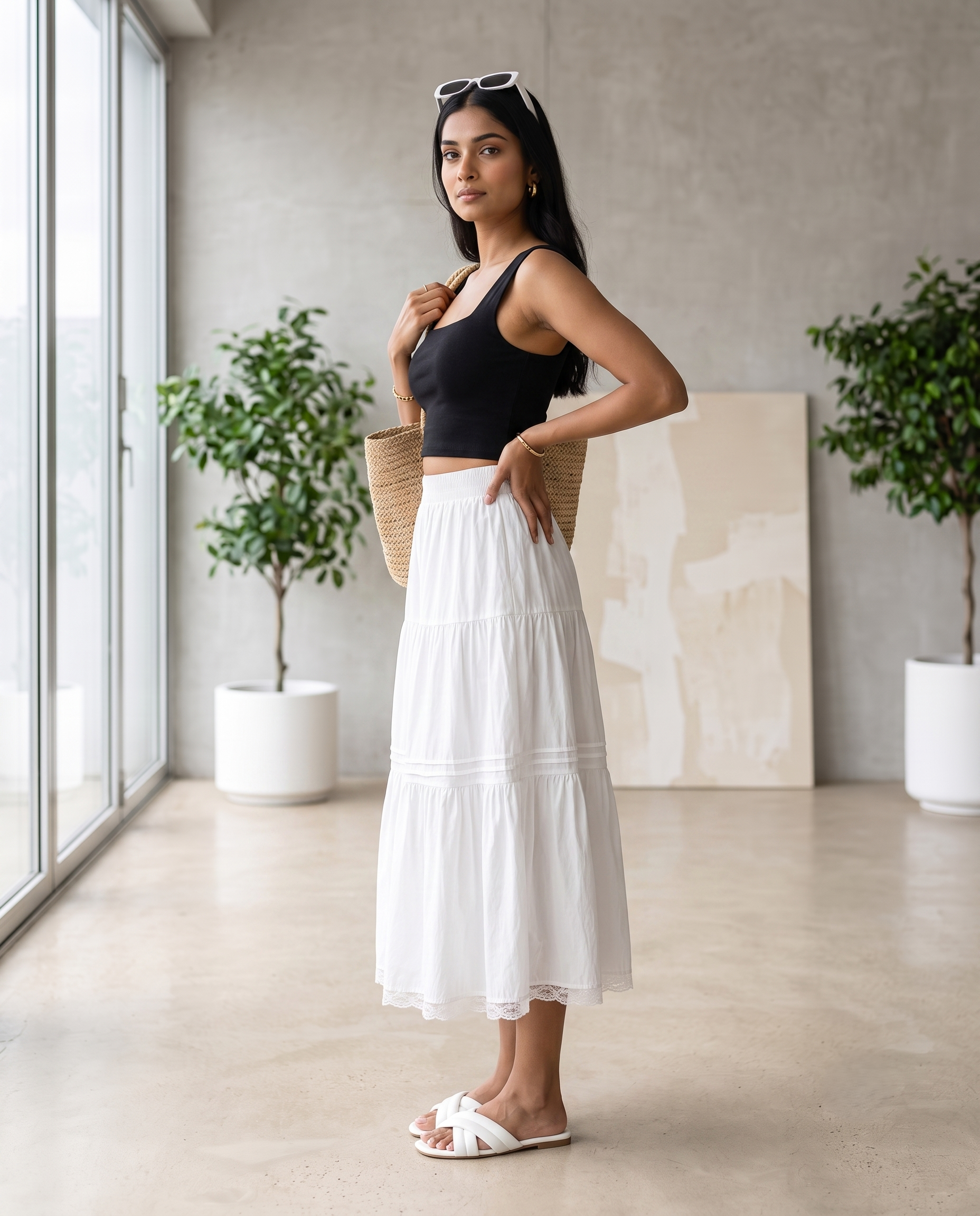 Elara Flared Midi Skirt – Ivory White