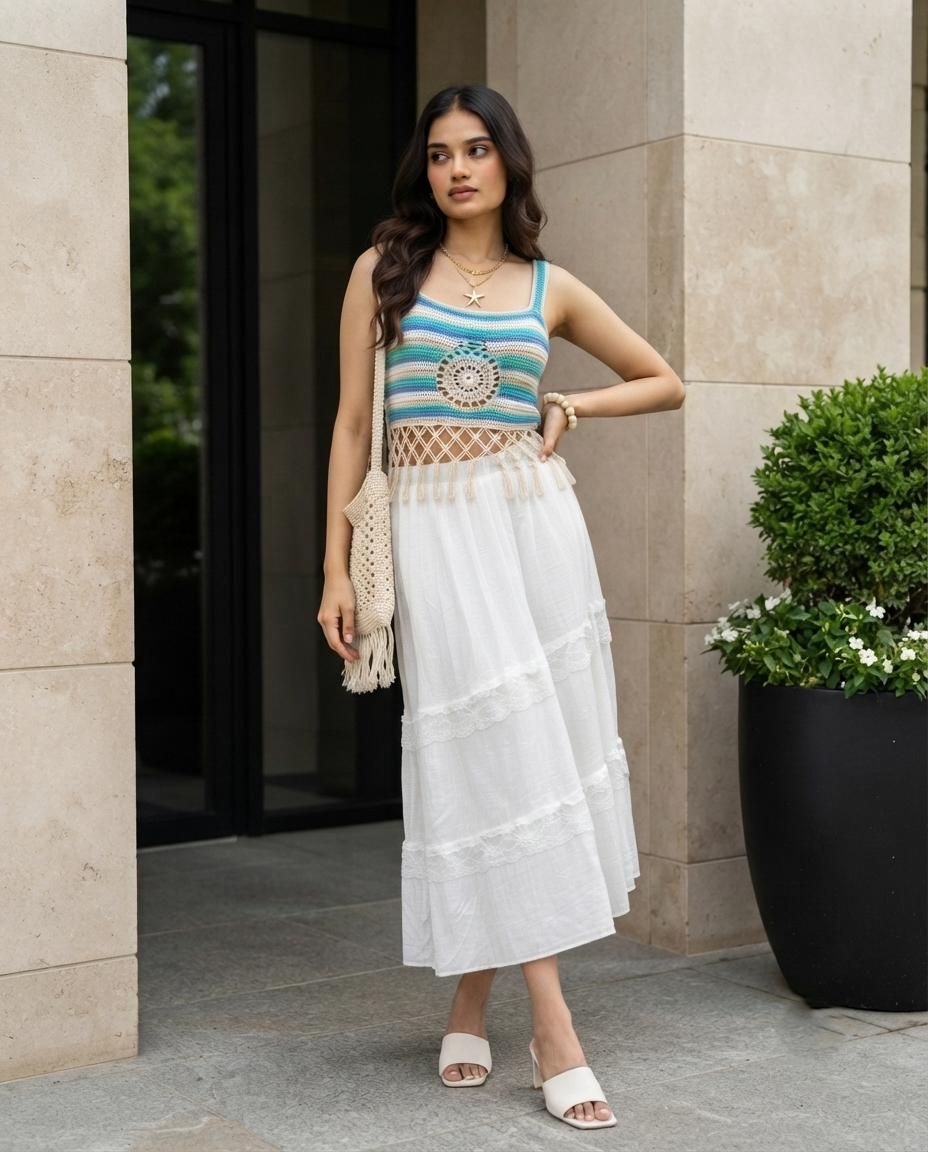 Roselle Lace Panel Skirt – White