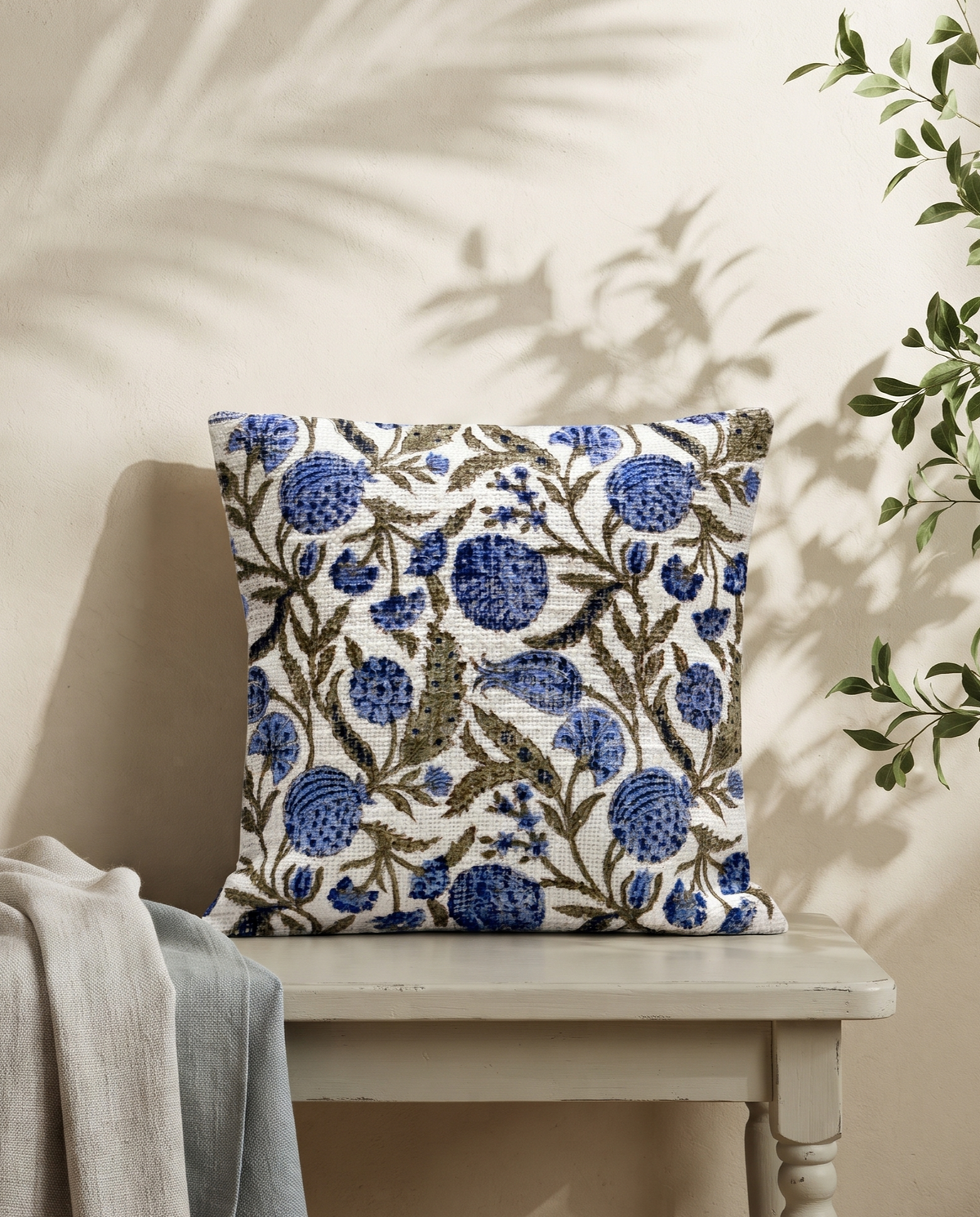 NEELAM BLUE FLORAL HAND BLOCK JUTE CUSHION COVER