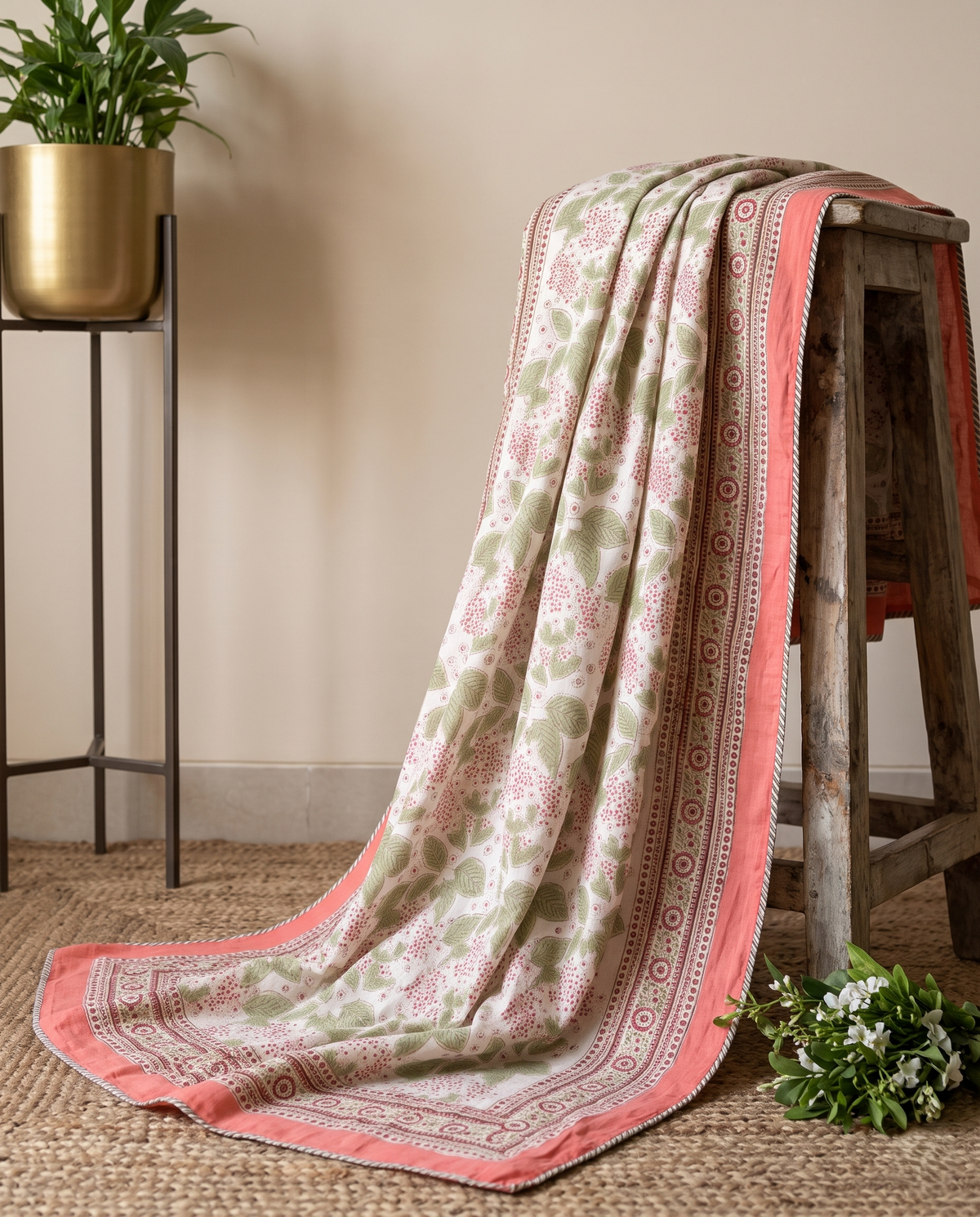 The Peach Hydrangea Garden Handblock Reversible Dohar