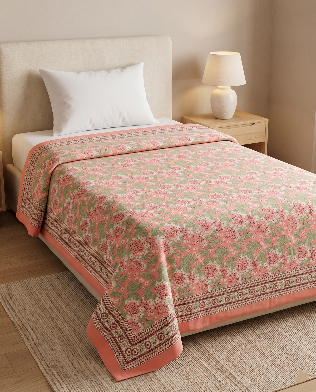 The Peach Hydrangea Garden Handblock Reversible Dohar