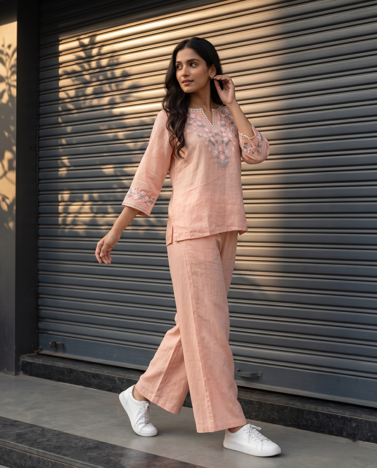 Floral Embroidered European Linen Top - Blush Pink