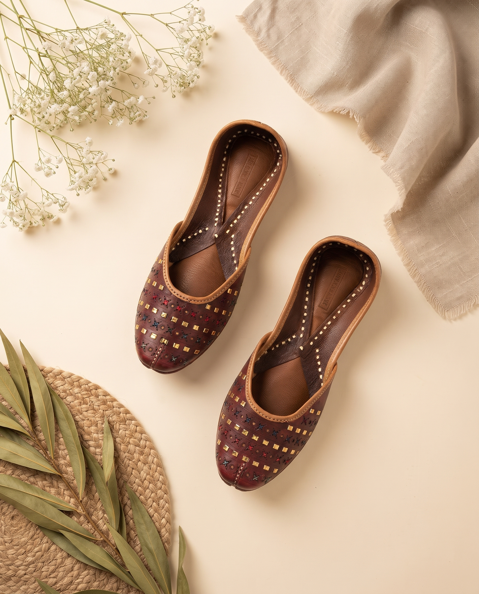 Burgundy Studded Heritage Pure Leather Handcrafted Jutti