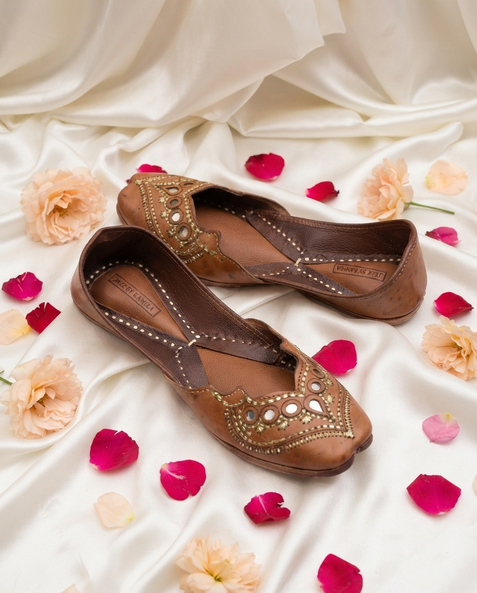 Caramel Mirrorwork Heritage Pure Leather Handcrafted Jutti
