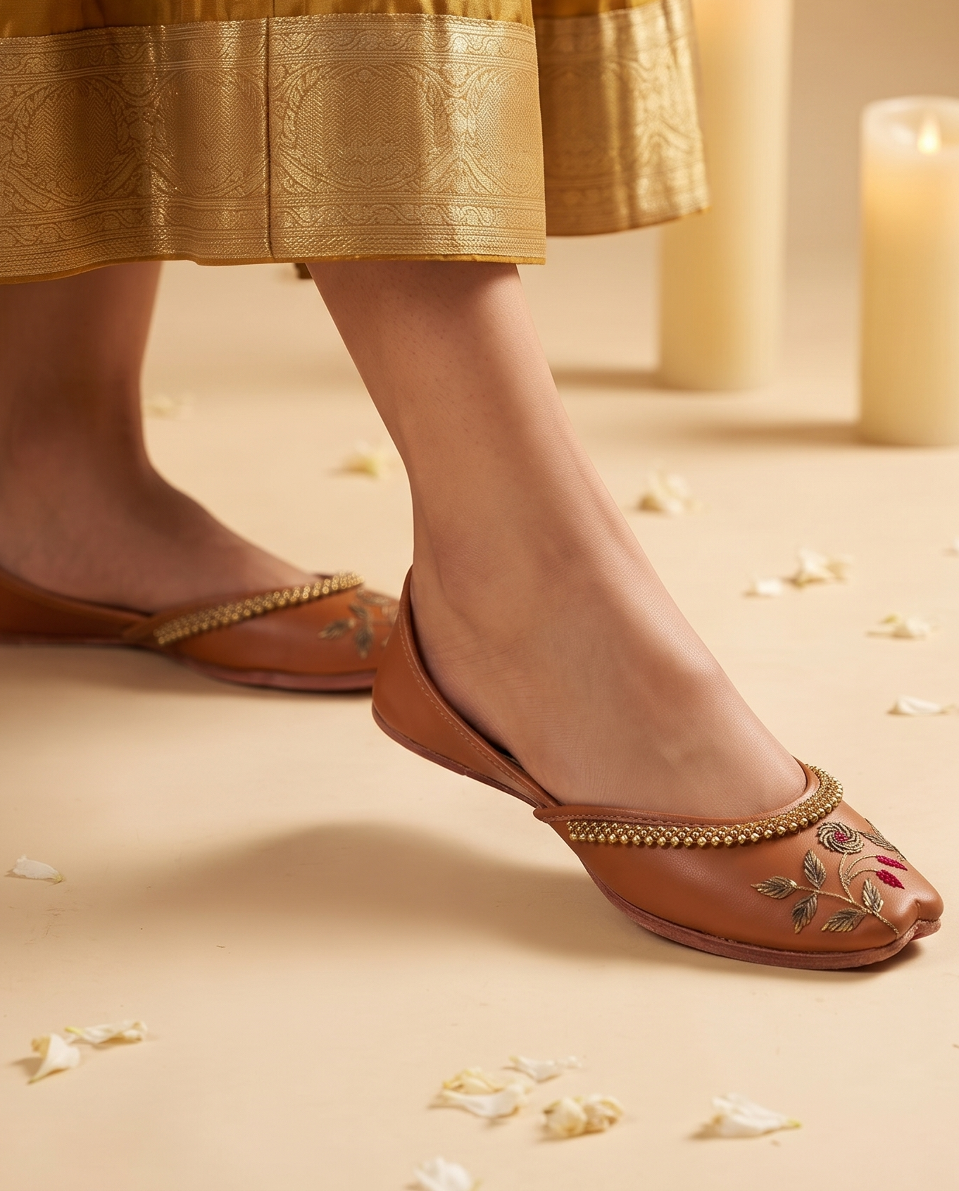 Terracotta Gulab Motif Pure Leather Handcrafted Jutti